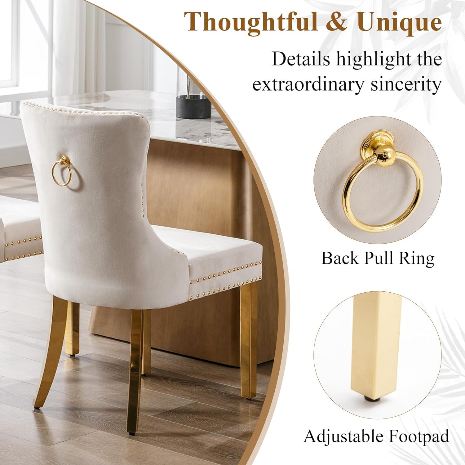 BELLEZE Upholstered Dining Chairs Set of 2, Velvet Luxury Dining Room Chairs with Button Back, Nailhead Trim, Pull-ring, Solid Wood Legs for Kitchen, Living Room, Restaurant - Chandler (Beige)