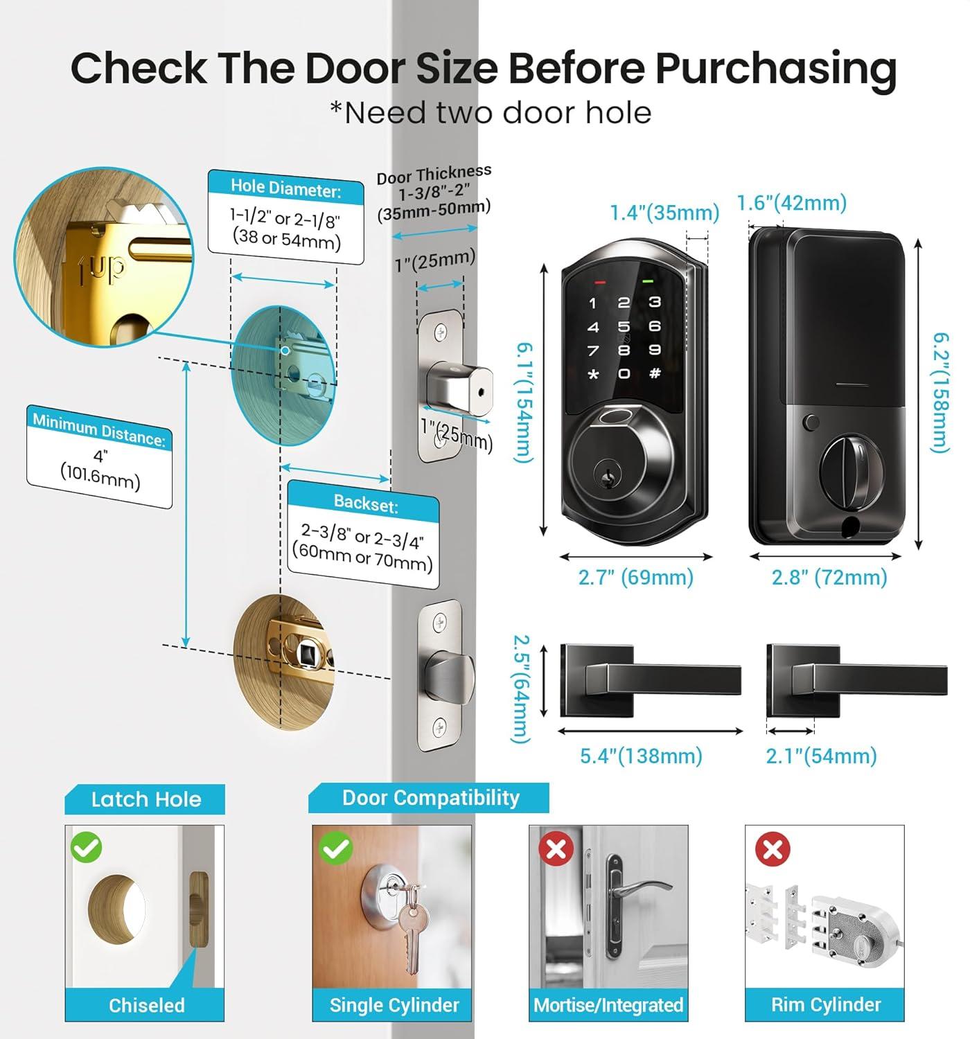 Veise VE07-L Fingerprint Smart Locks for Front Door with 2 Lever Handle Set, App Control, Keyless Entry, Electronic Digital Keypad Deadbolt, Auto Lock, Waterproof, Easy to Install, Matte Black