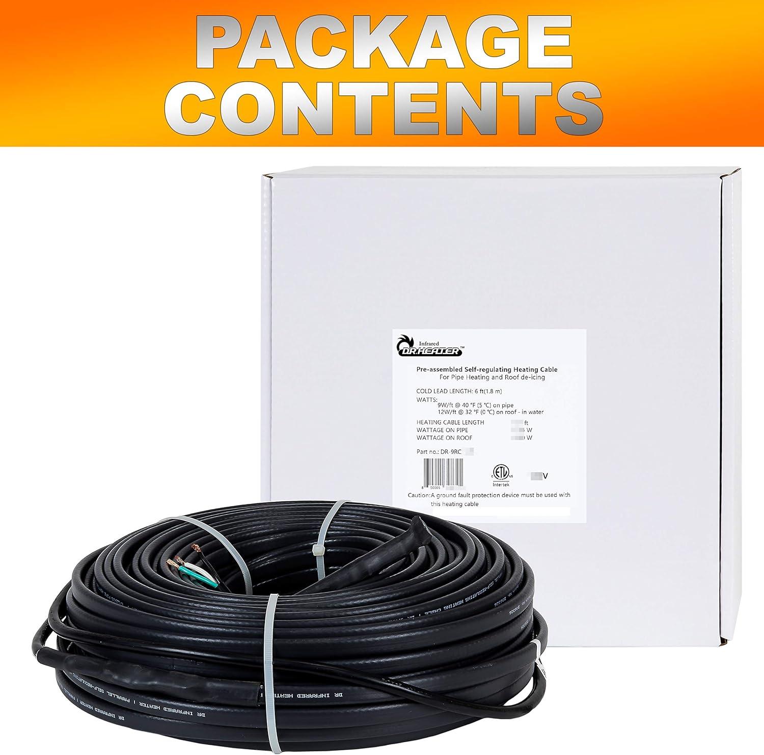 Dr. Infrared Heater DR. INFRARED HEATER DR-9RC1125 Heating Cables for Pipes and Roof De-Icing, Self-Regulating with Built-in Thermostat, 120V, 12W/ft, 1500W, 125FT