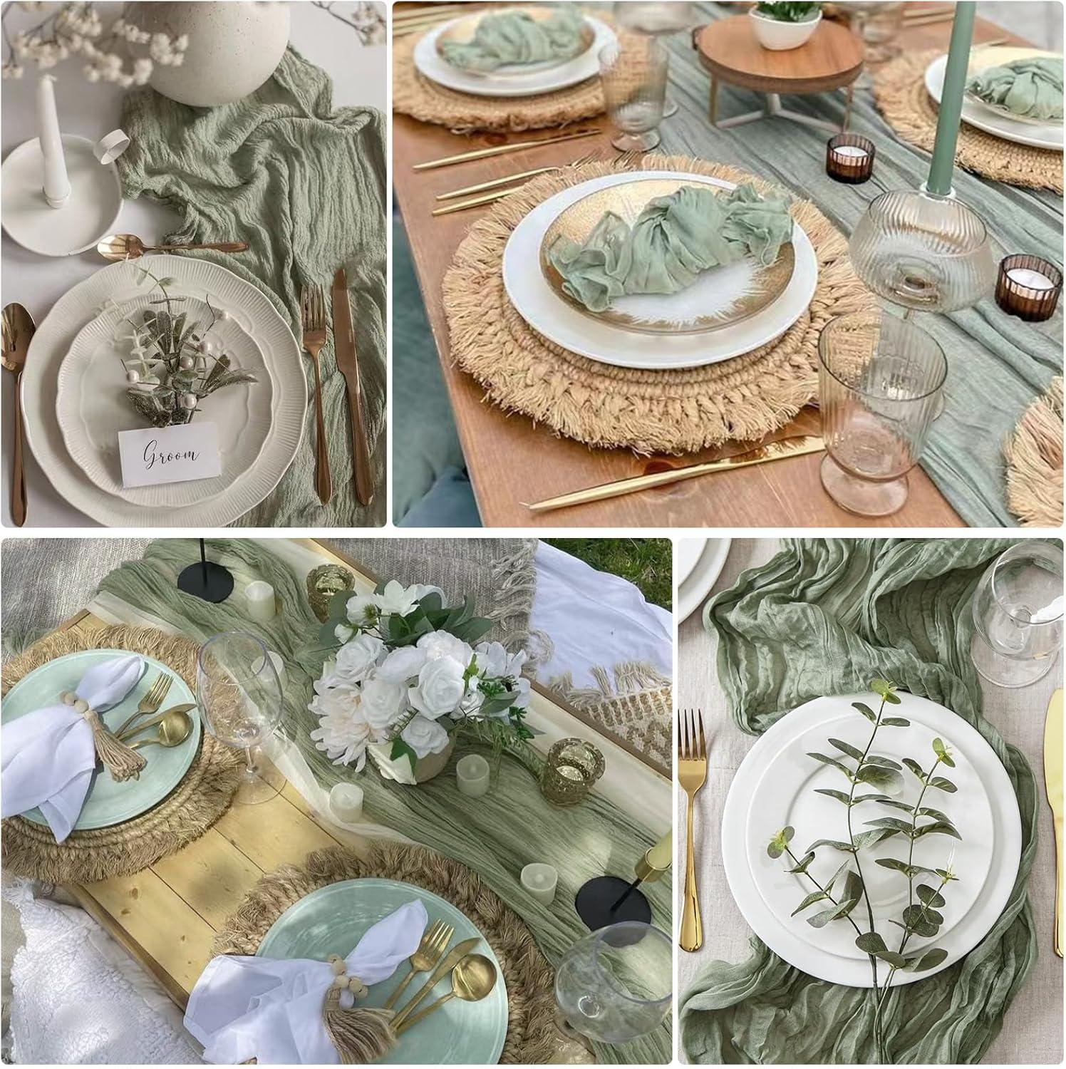 Mint Green Cheesecloth Table Runner 6 Pack 35" Boho Gauze Runner 120 inches Long Tablecloth Runner Rustic Sheer Fabric Bulk for Baby Shower Wedding Bridal Birthday Party Table Decorations