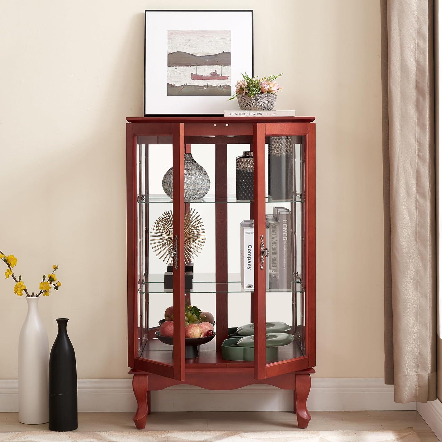 Miniyam Lighted Curio Display Cabinet with Tempered Glass Doors,Curio Cabinets with Mirrored Back Panel and Adjustable Shelves,Bulb Included,Cherry