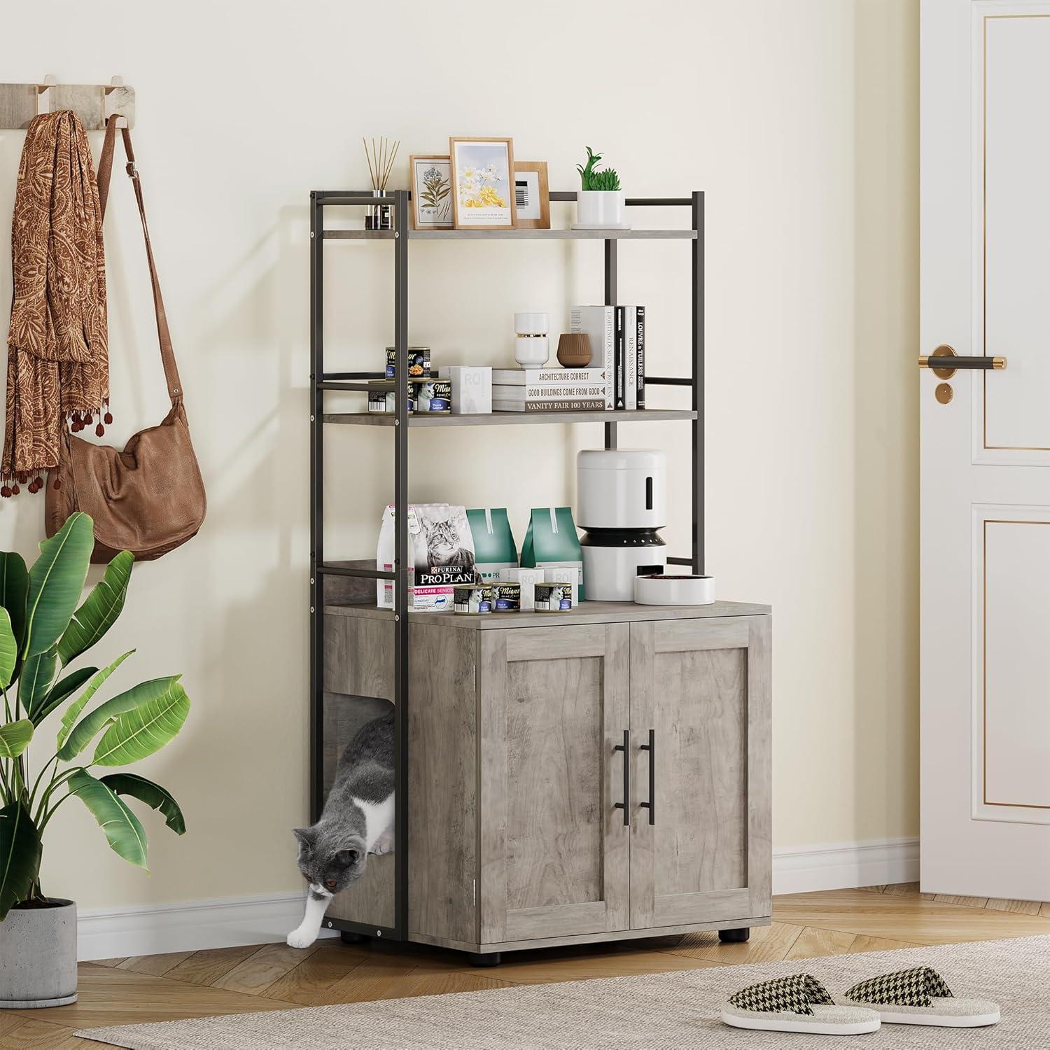 Garvee Cat Litter Box Enclosure with Shelf Storage, 2-in-1 Hidden Cat Washroom Furniture, Hidden Cat Box Enclosure with 3 Shelves and Door, Grey
