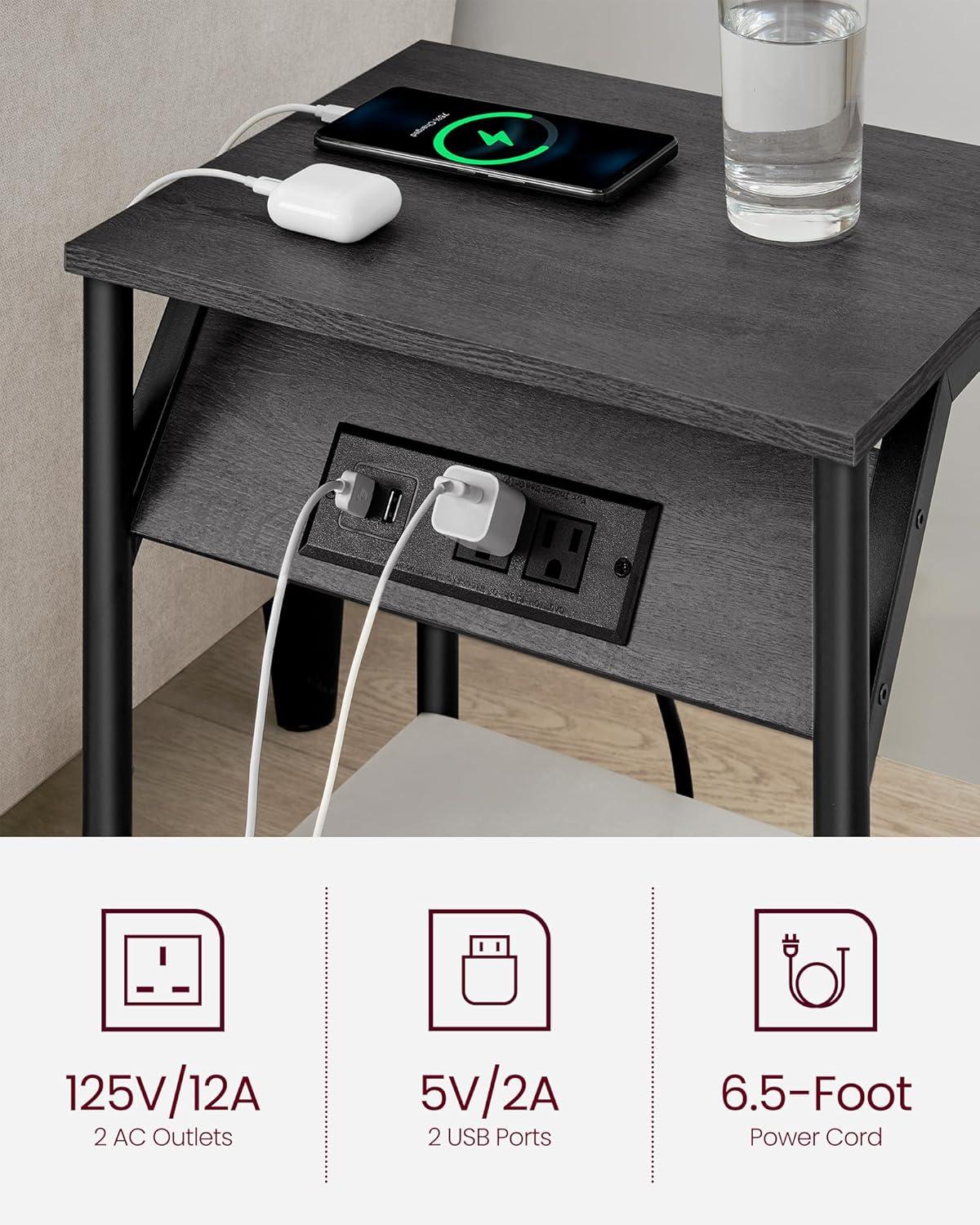 Misty Gray and Black Metal End Tables with Charging Station