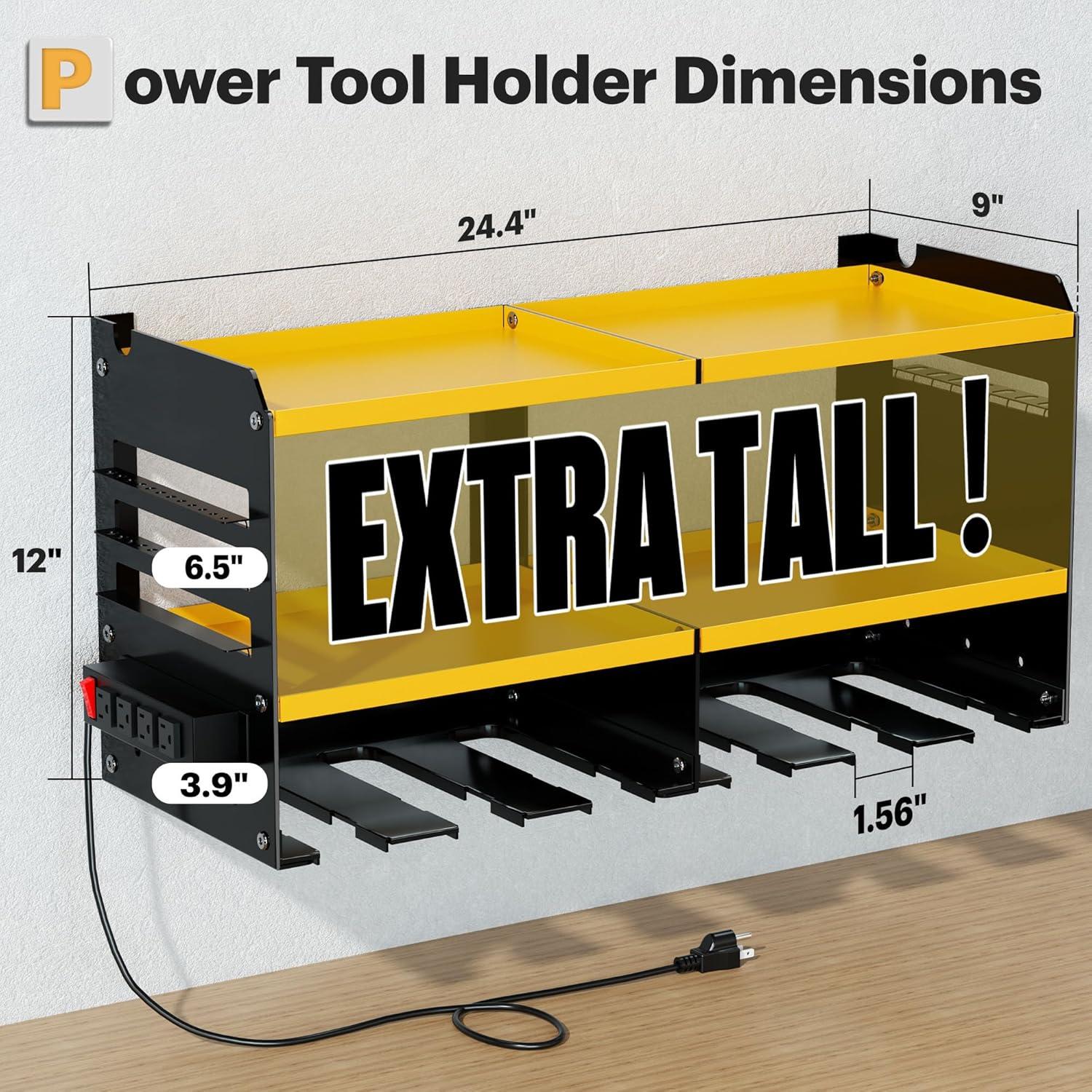Spampur Power Tool Organizer Wall Mount with Charging Station, Garage Tool Shelf 6 Drill Holders, Tool Battery Holder with Plier holder Heavy Duty Rack, Tool Storage Rack with 4 Outlet Power Strip