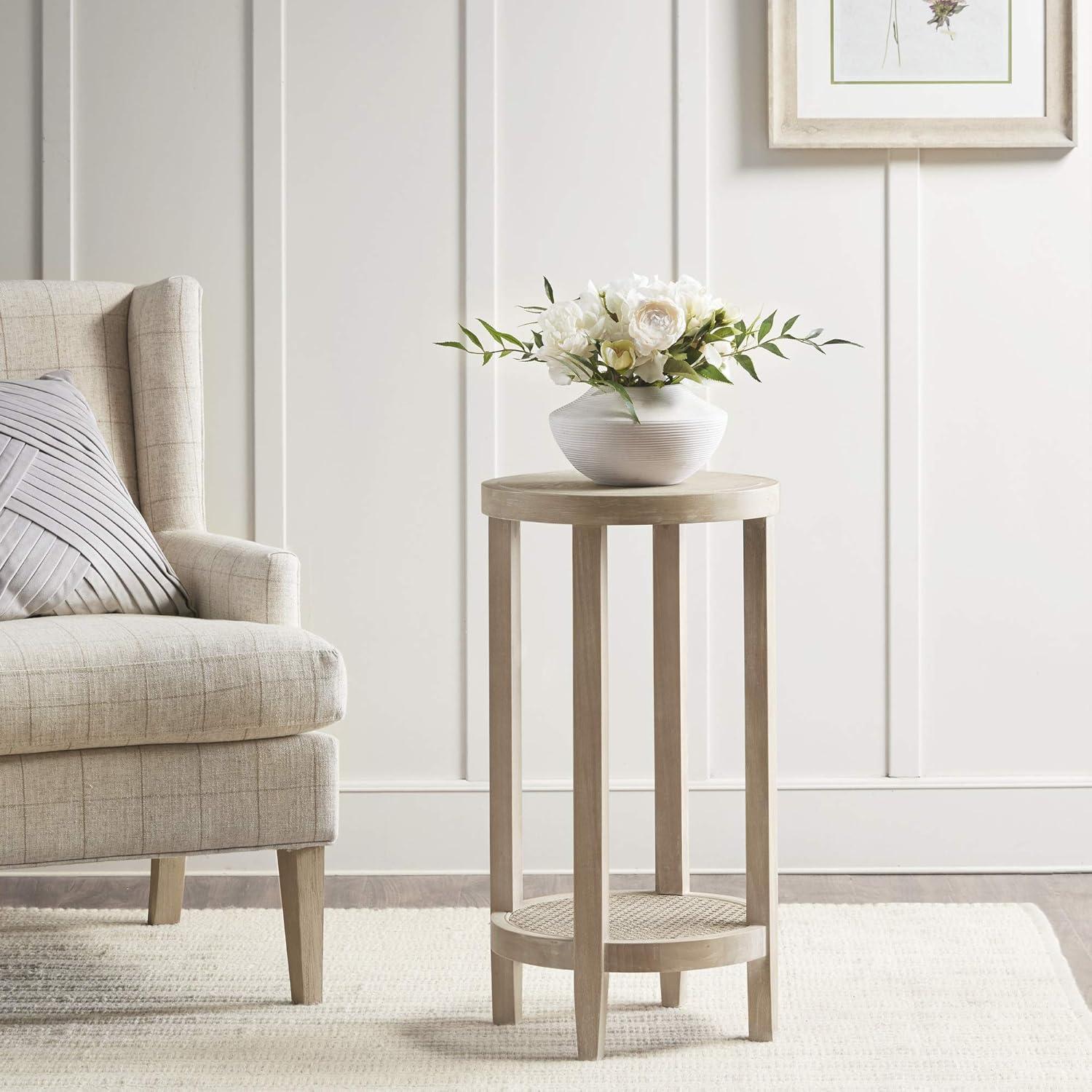 Harley Round Wheat Wood Accent Table with Rattan Shelf