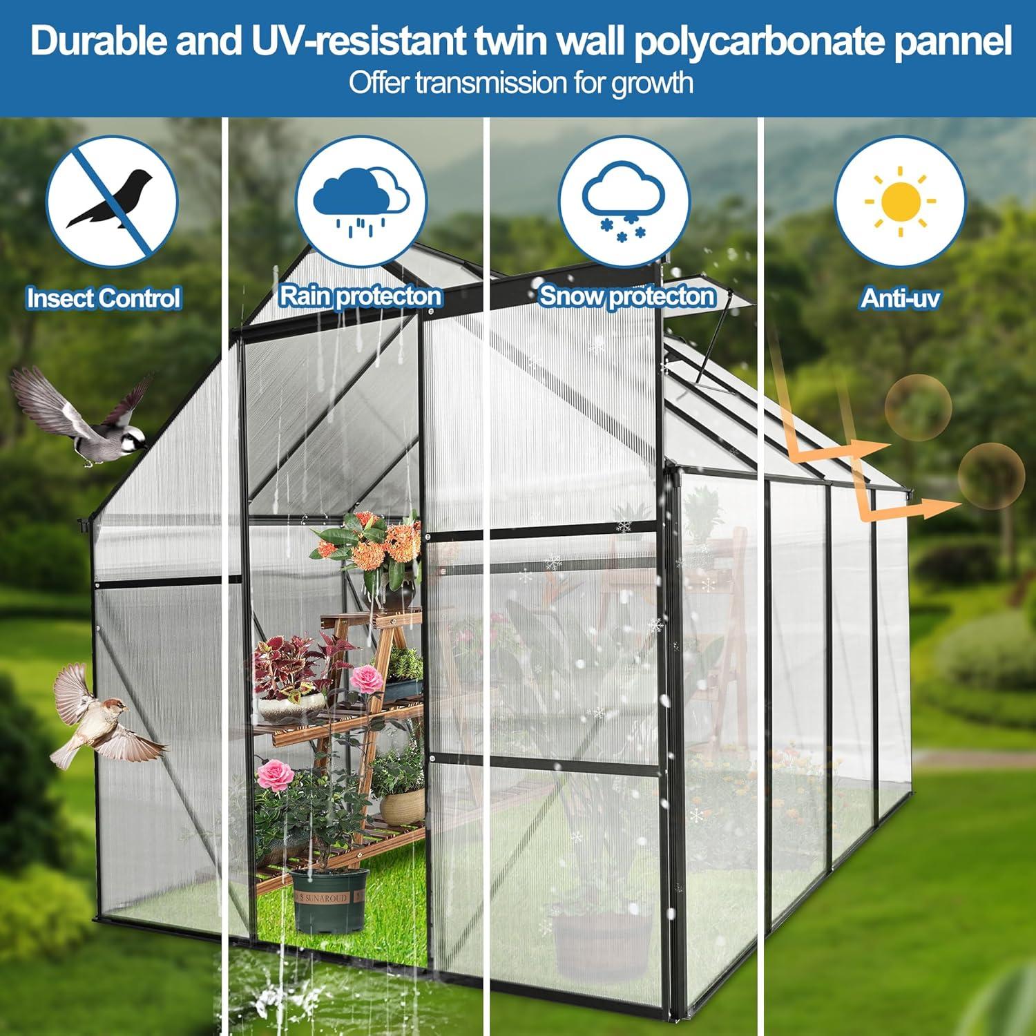 6x8 FT Plant Greenhouse with Sliding Door,Walk-in Polycarbonate Greenhouse with Raised Base and Anchor Aluminum Heavy Duty Greenhouses Kits for Outdoor Backyard in All Season,Black