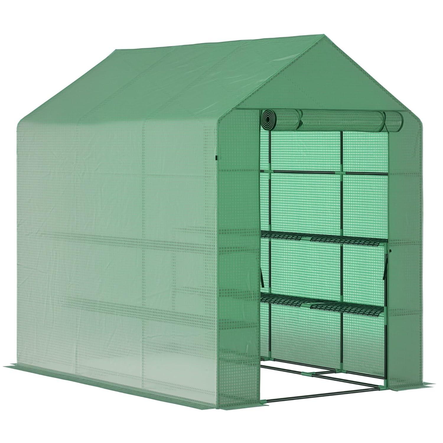 Outsunny 84.25" x 56.25" x 76.75" Walk-in Greenhouse, 2-Tier Shelves, Steel Frame Hot house, Roll-Up Zipper Door for Flowers, Vegetables, Green