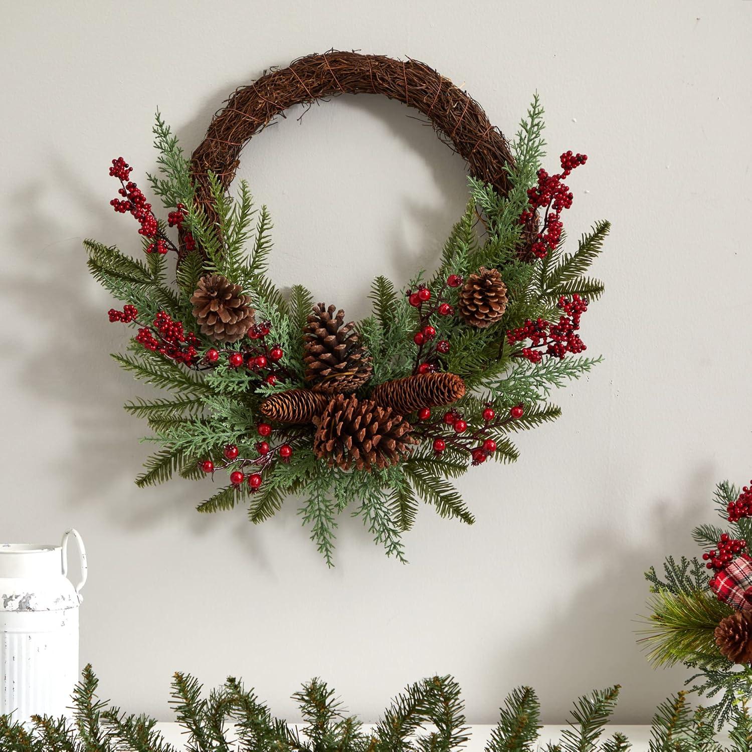 Nearly Natural 22” Mixed Pine and Cedar with Berries and Pine Cones Artificial Wreath