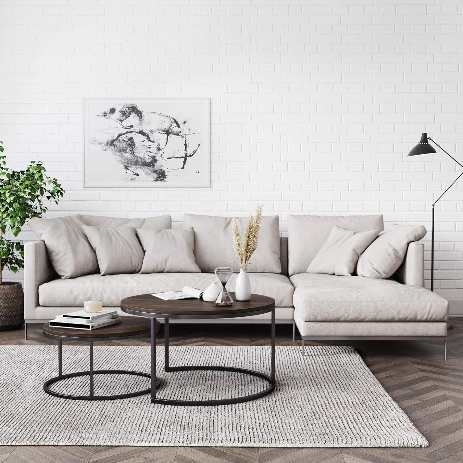 Modern Luxe Round Nesting Coffee Table Set, Glass & Marble on Gold Frame