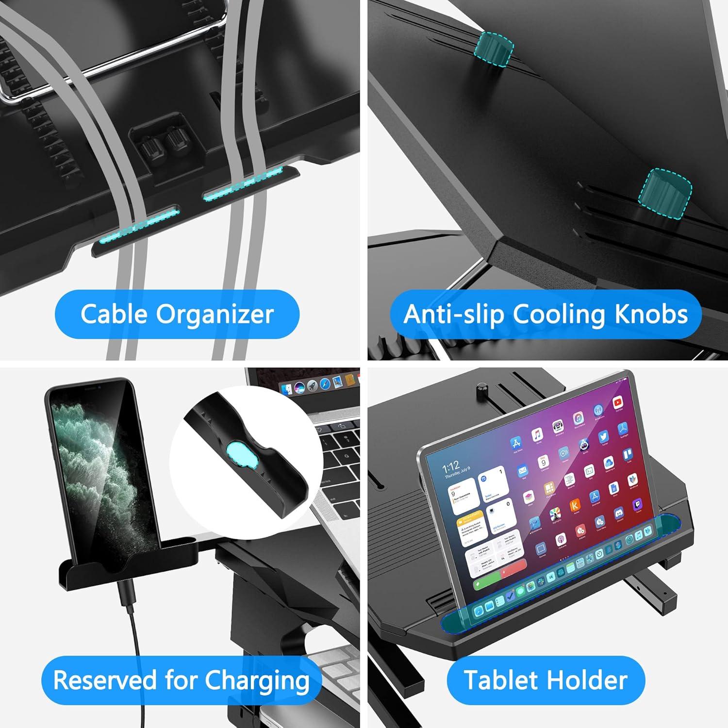 AboveTEK Laptop Stand, 20 Angles Two-Layer Height Adjustable Laptop Stands, Portable Laptop Riser with 360 Rotating Base Storage Space & Extra Phone Holders Compatible with 10''-17'' Laptops Black