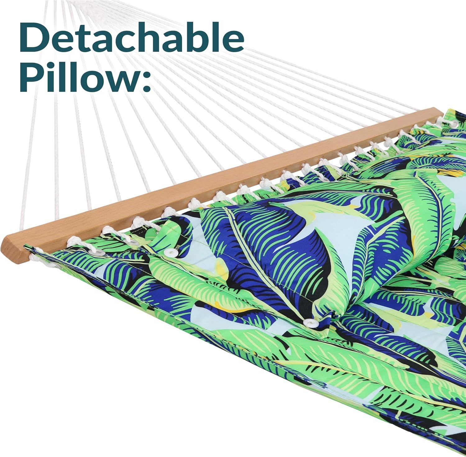 Sunnydaze 2-Person Quilted Printed Fabric Spreader Bar Hammock and Pillow with S Hooks and Hanging Chains - 450 lb Weight Capacity - Exotic Foliage