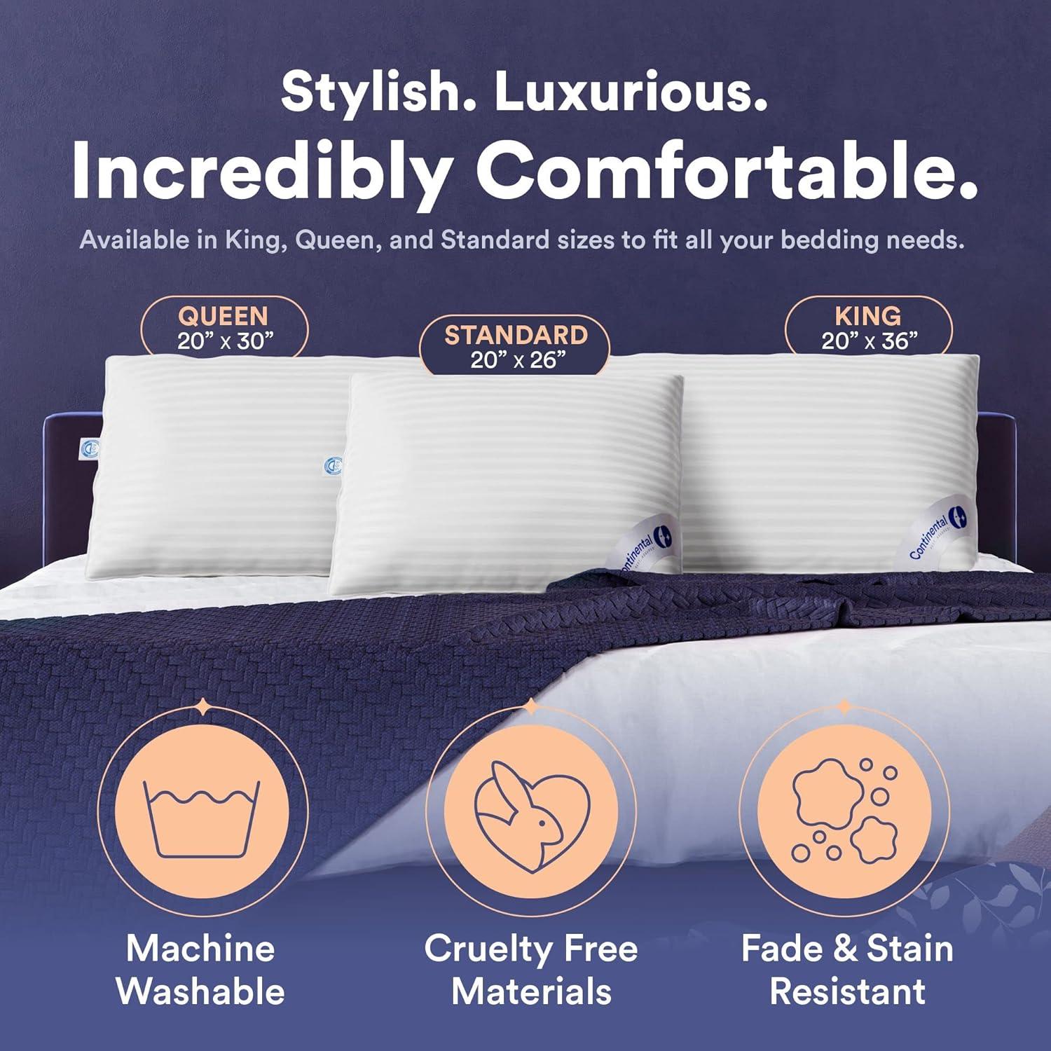 ContinentalBedding 700 Fill Power 100% White Goose Down Bed Pillows 100% Cotton Firm, Medium and Soft (1 Pillow)
