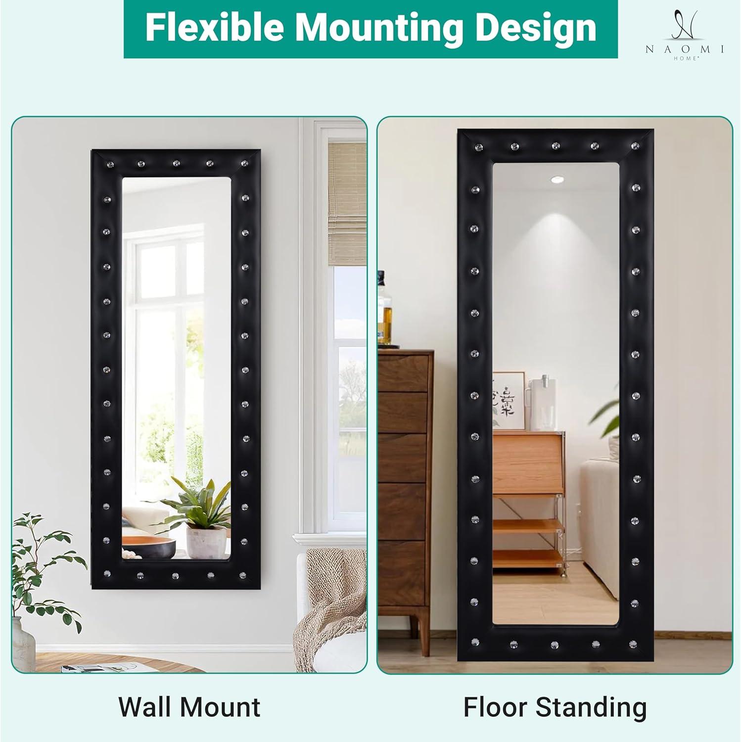 Crystal tufted Full length Mirror, Floor Mirror, Full Body Mirror for Home, Wall Mirror with Faux Wood Frame, 63"LX22"W Large Mirror for Bedroom, Leaner Mirror, Black Mirrors for Wall,