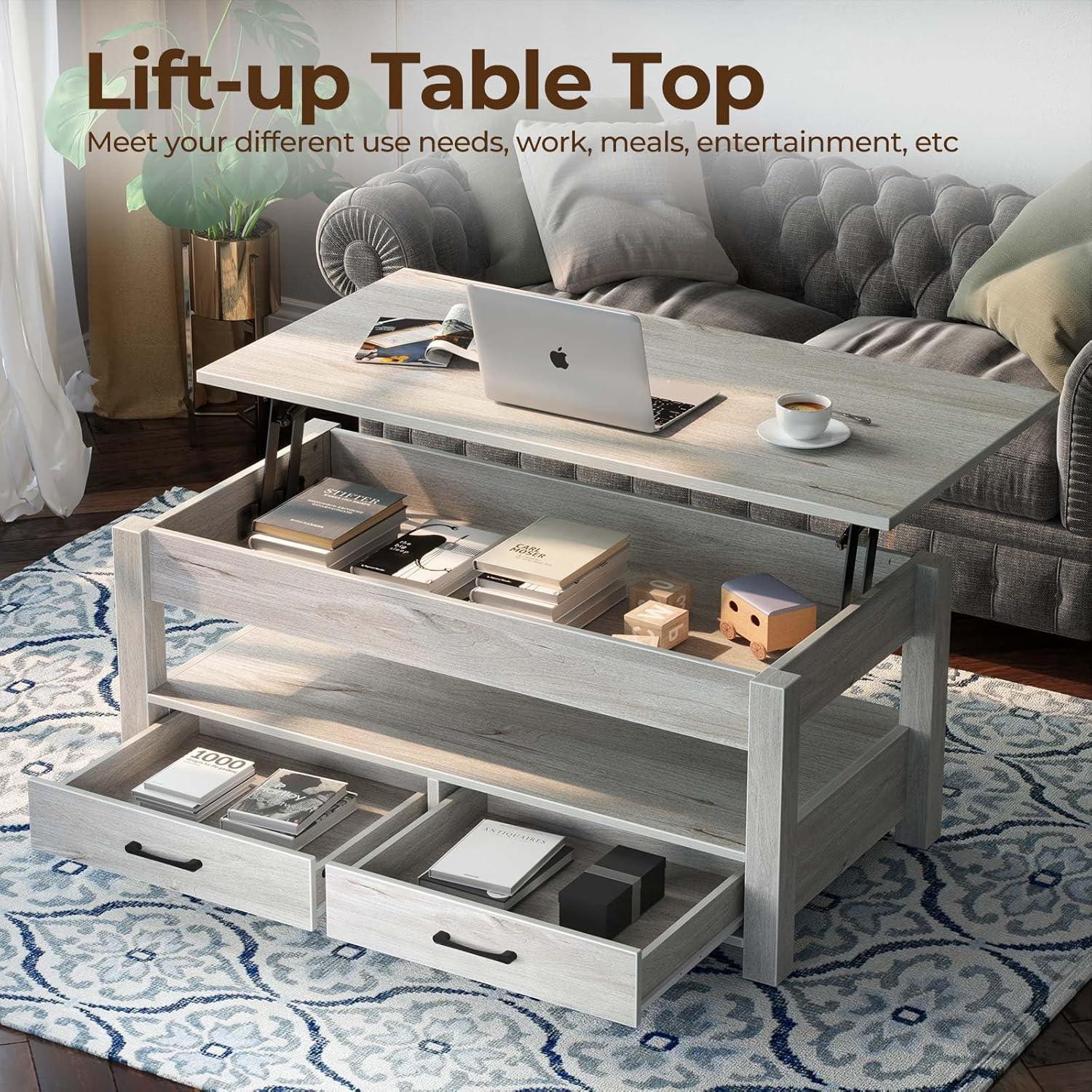 Gray Wood Lift-Top Coffee Table with Storage Drawers