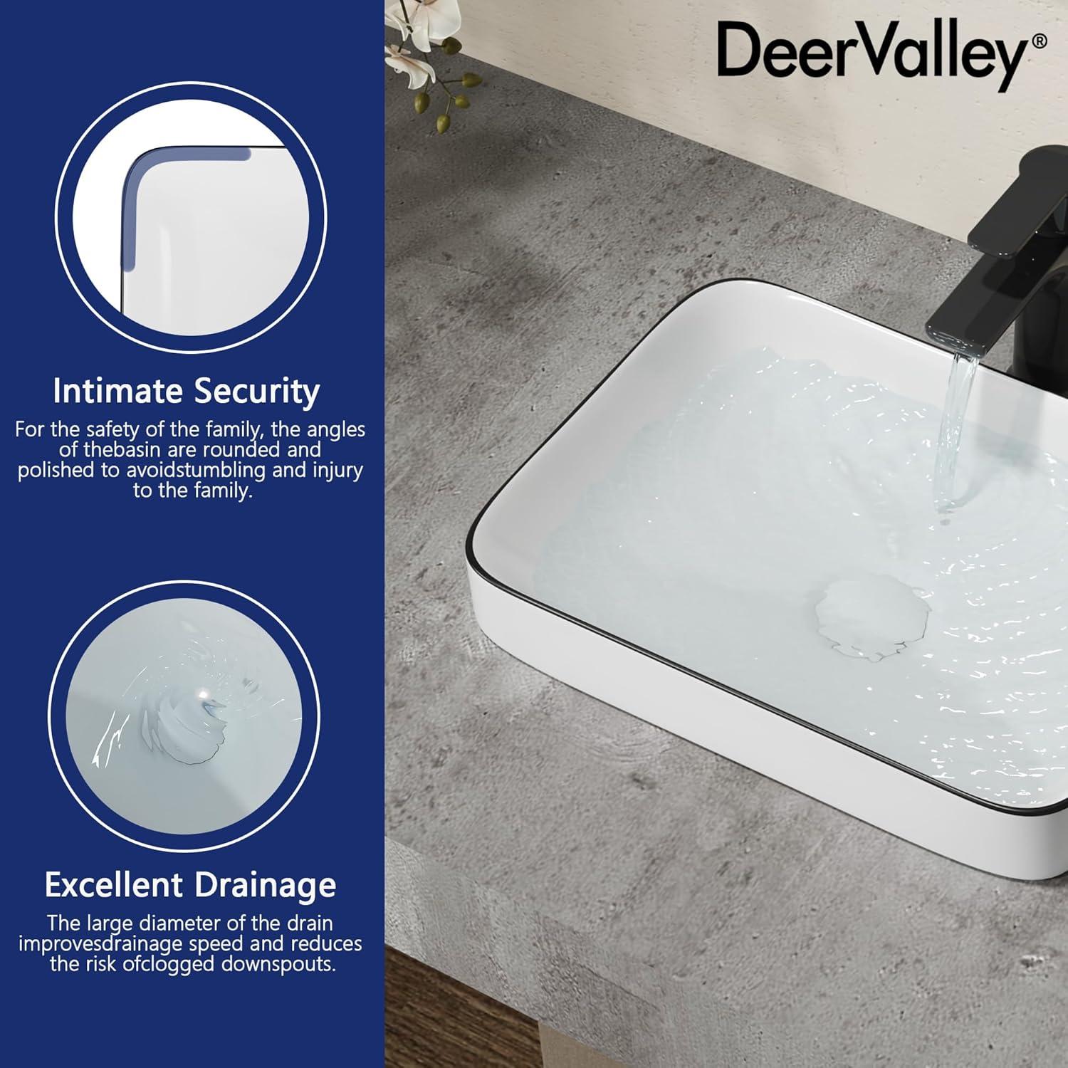 DeerValley Ace 15'' White/Black Square Ceramic Vessel Bathroom Sink