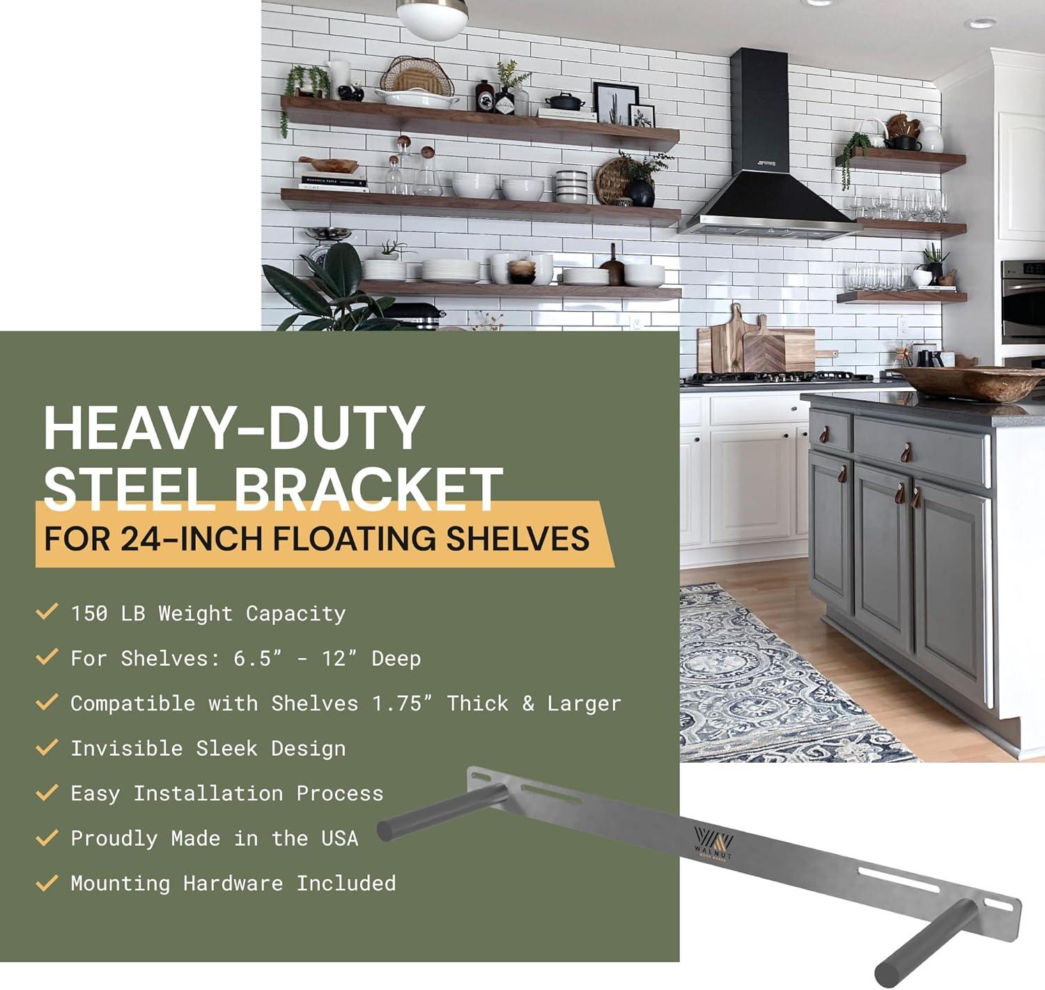 24" Heavy Duty Steel Floating Shelf Bracket with Support Rods