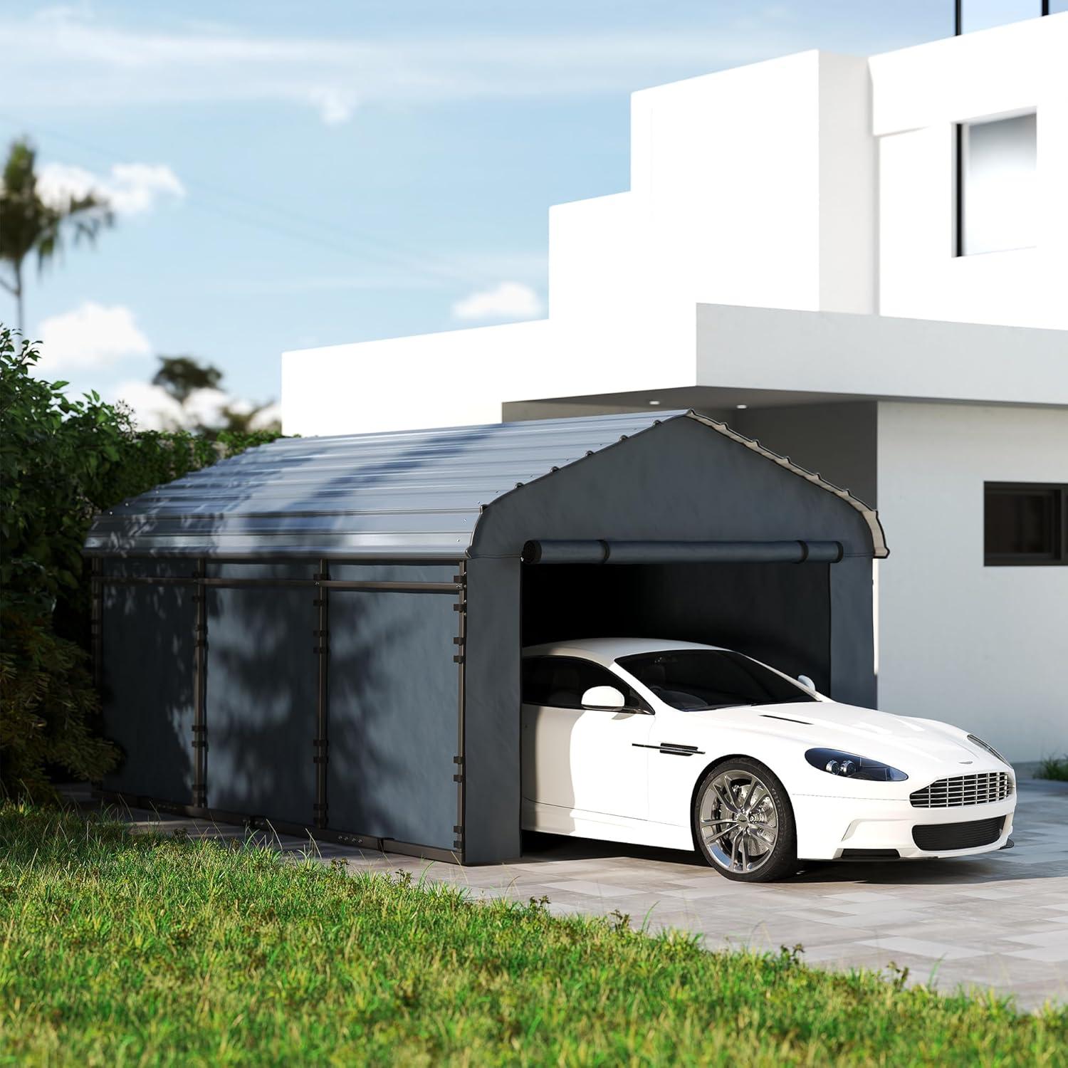 Outsunny 10' x 15' Heavy Duty Metal Carport, Waterproof Garage Car Canopy with Galvanized Metal Roof and Removable Sidewalls, Dark Gray