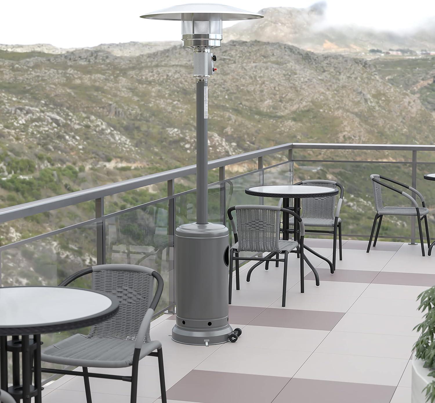 Flash Furniture Patio Outdoor Heating-Silver Stainless Steel 40,000 BTU Propane Heater with Wheels for Commercial & Residential Use-7.5 Feet Tall