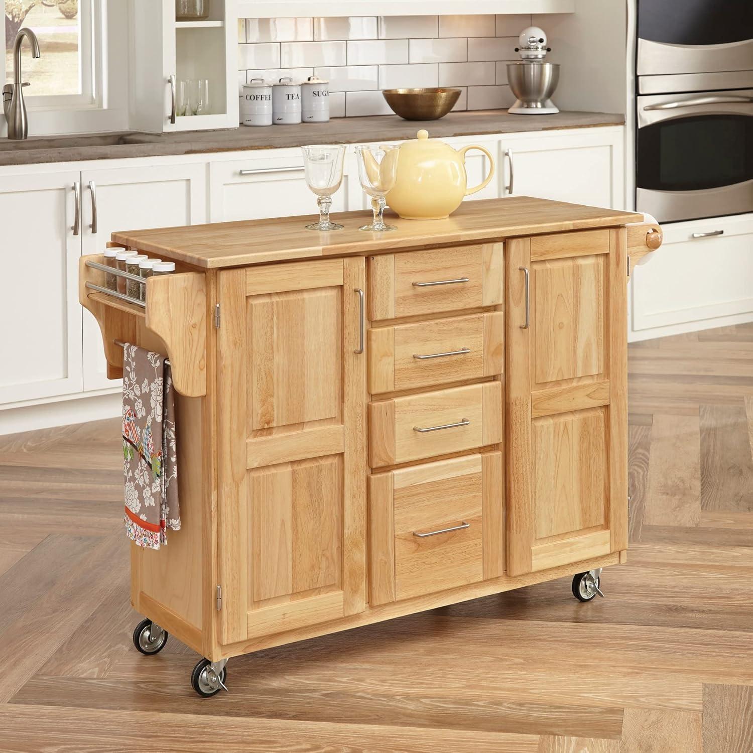 Breakfast Bar Kitchen Cart with Wood Top Natural - Home Styles: Rolling Island Storage, 2 Shelves, 2 Doors