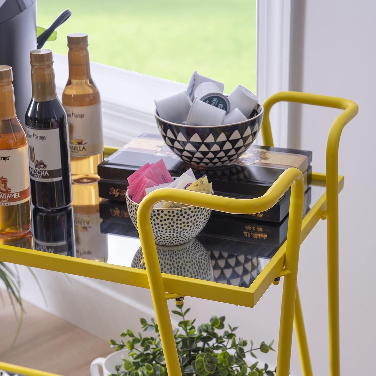 Bright Yellow Mid-Century Mirrored 2-Tier Mobile Bar Cart