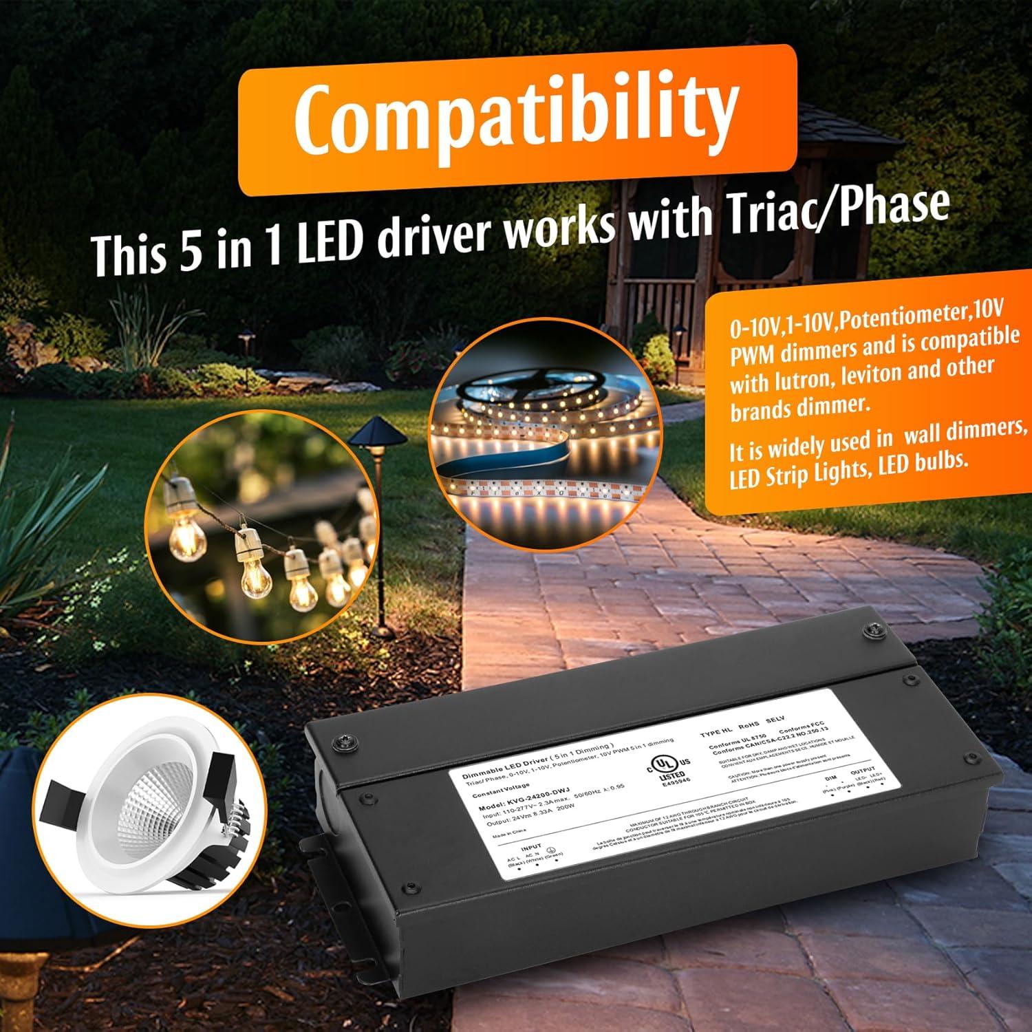 60W Dimmable LED Driver 24V, AC to DC Triac Dimmable Transformer Power Supply, Dimming LED Driver, Compatible with lutron and leviton Dimmer, TRIAC/Phase/0-10V /1-10V/Potentiometer/10V PWM UL Listed