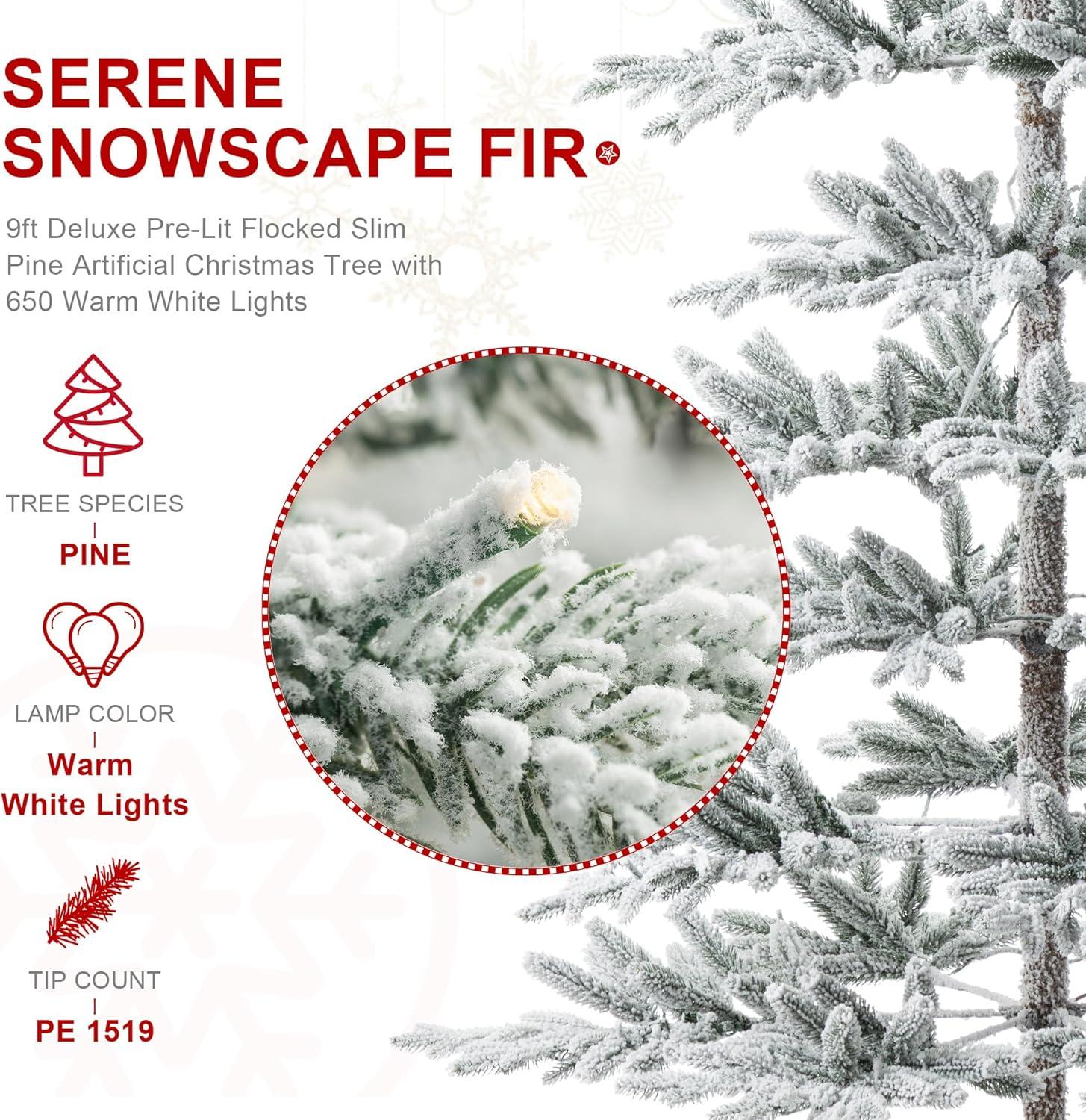 Glitz Design Glitzhome 9ft Deluxe Pre-Lit Flocked Pine Artificial Christmas Tree with 650 Warm White