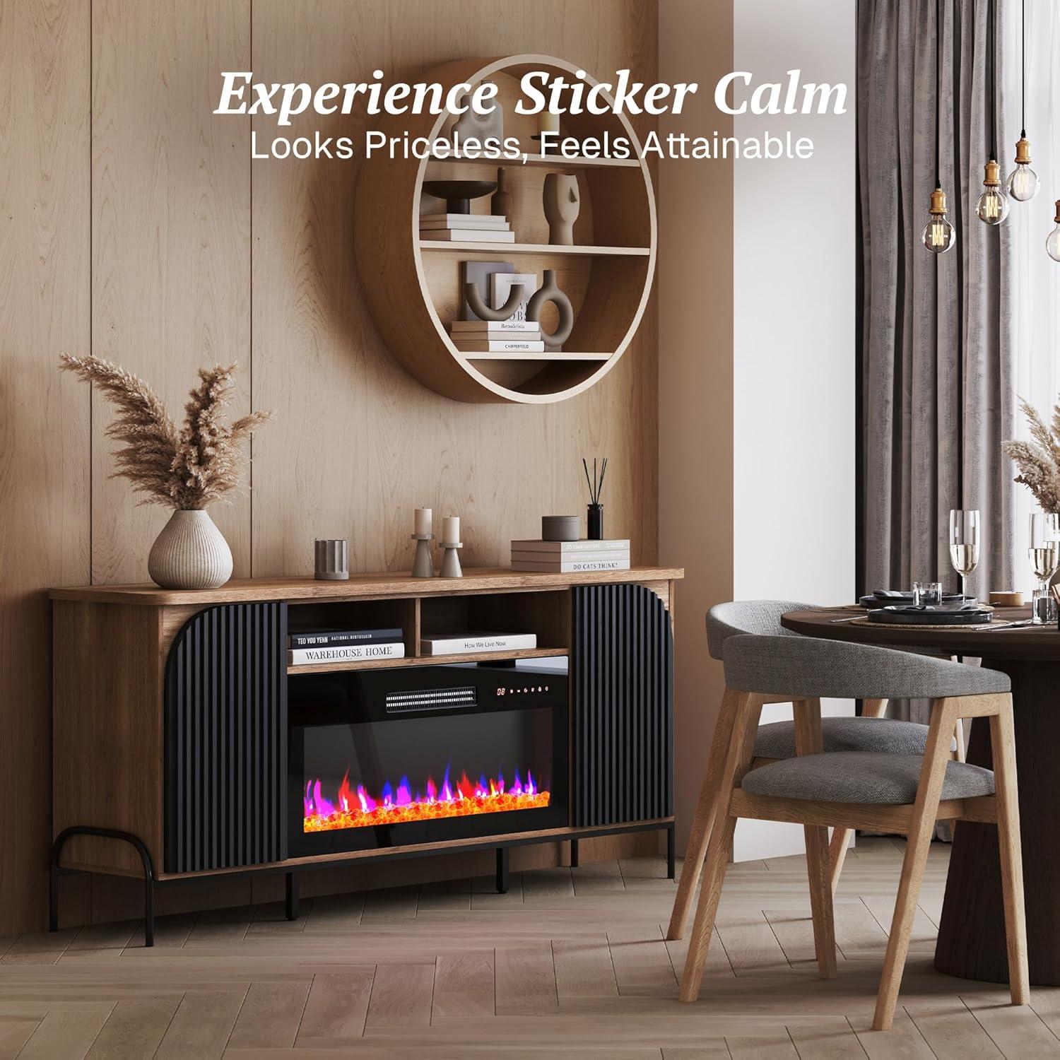 Belleze 68" Fluted TV Stand with 36" Electric Fireplace, Modern Entertainment Center with Storage for TVs Up to 75", Media Console with Curved Panel & Door