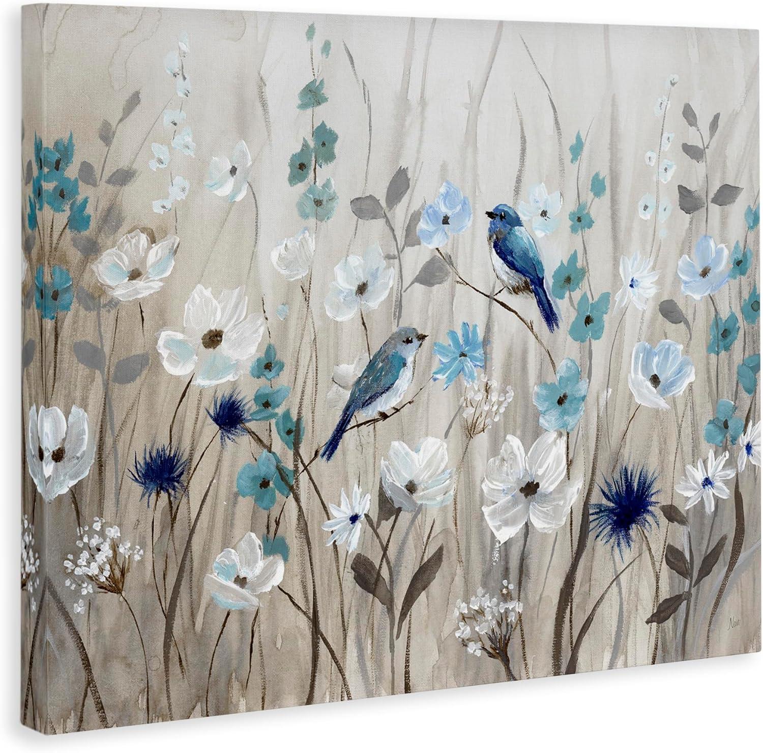 Stupell Birds in Meadow Blue Blossoms Gallery Wrapped Canvas Wall Art