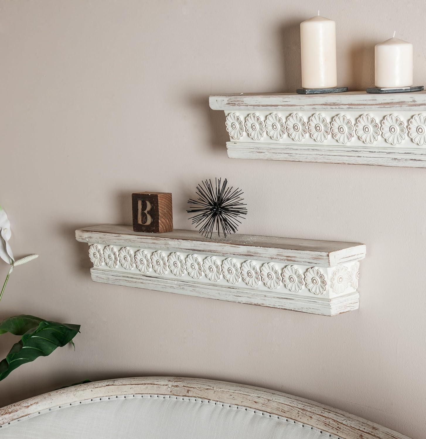 Elegant White Carved Floral 39" Wooden Wall Shelf
