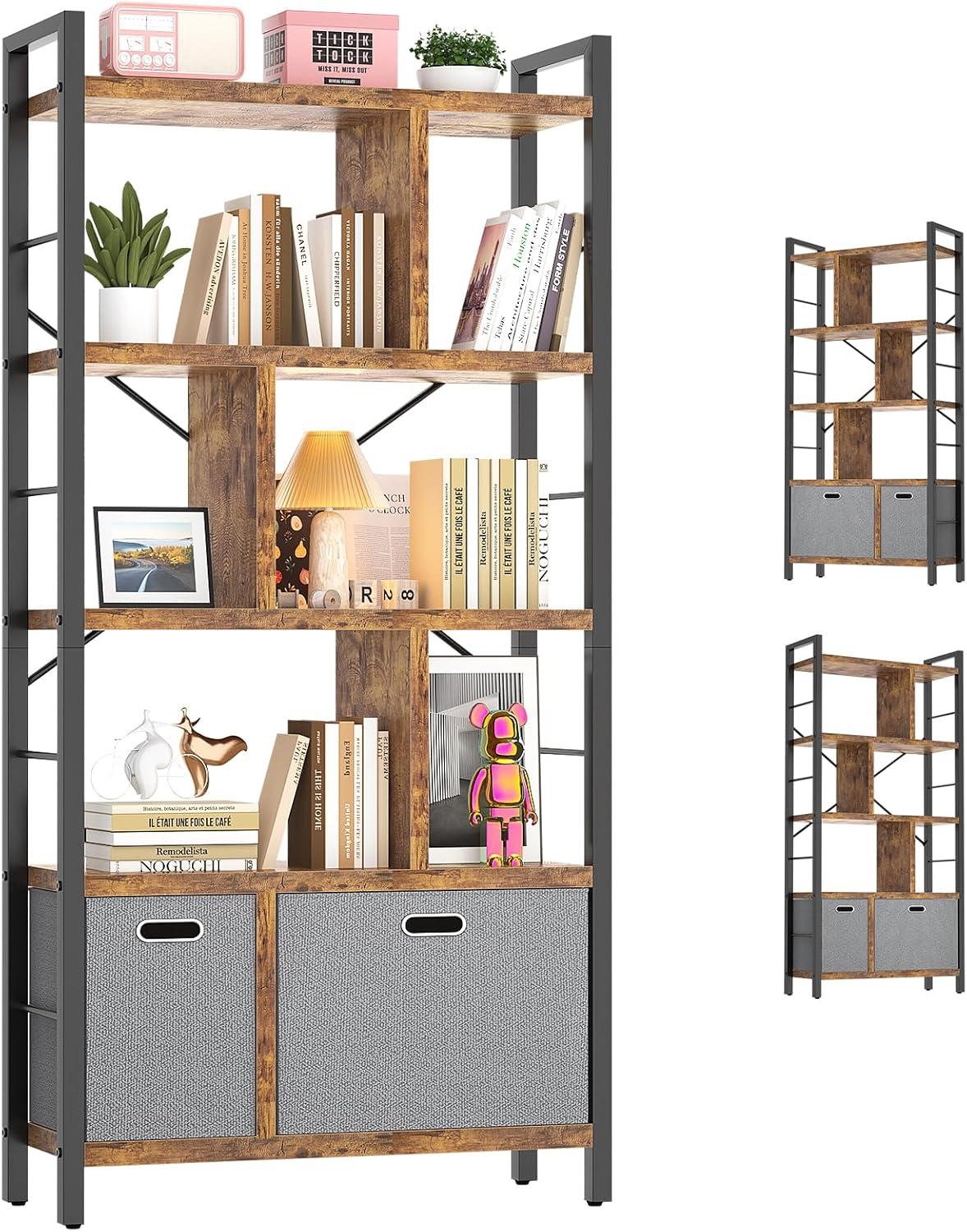 Tall Black and Wood Adjustable 5-Tier Bookshelf with Storage