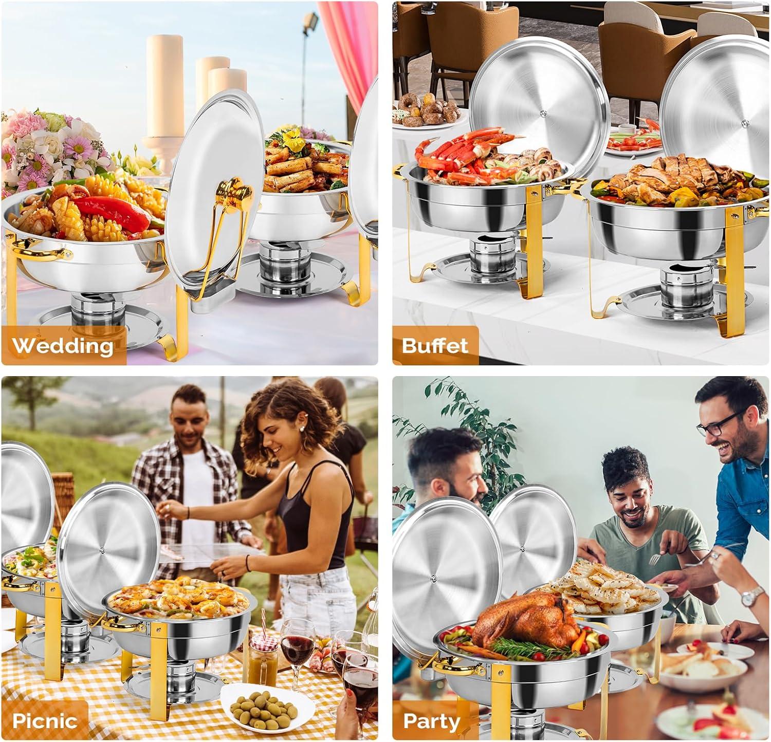 ROVSUN Gold Chafing Dishes for Buffet, 5 Qt 4 Pack Round Stainless Steel Chafing Dish Set with Lid Holder, Buffet Warmer Set for Parties, Christmas Gatherings, Catering Events, Weddings