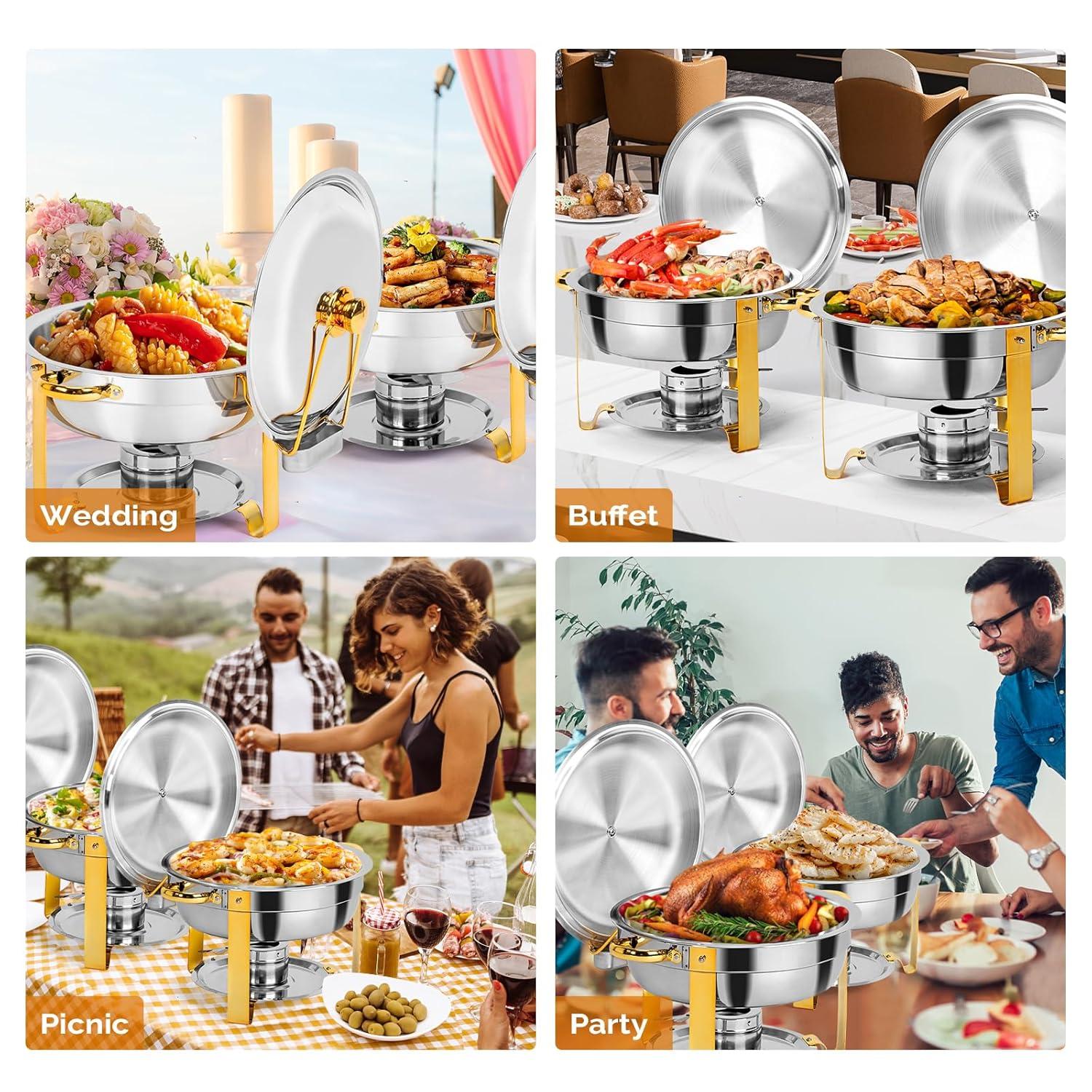 ROVSUN Gold Chafing Dishes for Buffet, 5 Qt 4 Pack Round Stainless Steel Chafing Dish Set with Lid Holder, Buffet Warmer Set for Parties, Christmas Gatherings, Catering Events, Weddings