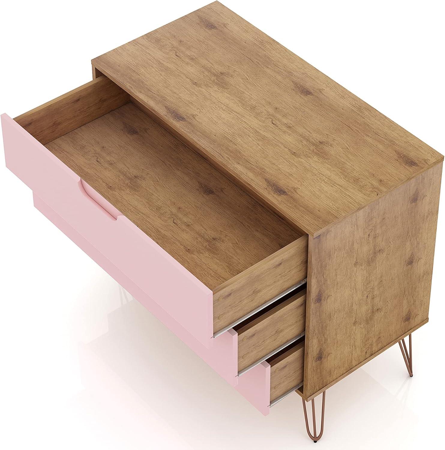 Set of 2 Rockefeller 3 Drawer Dresser Nature/Rose Pink - Manhattan Comfort: MDF Bedroom Storage, Easy-Glide, 6 Drawers