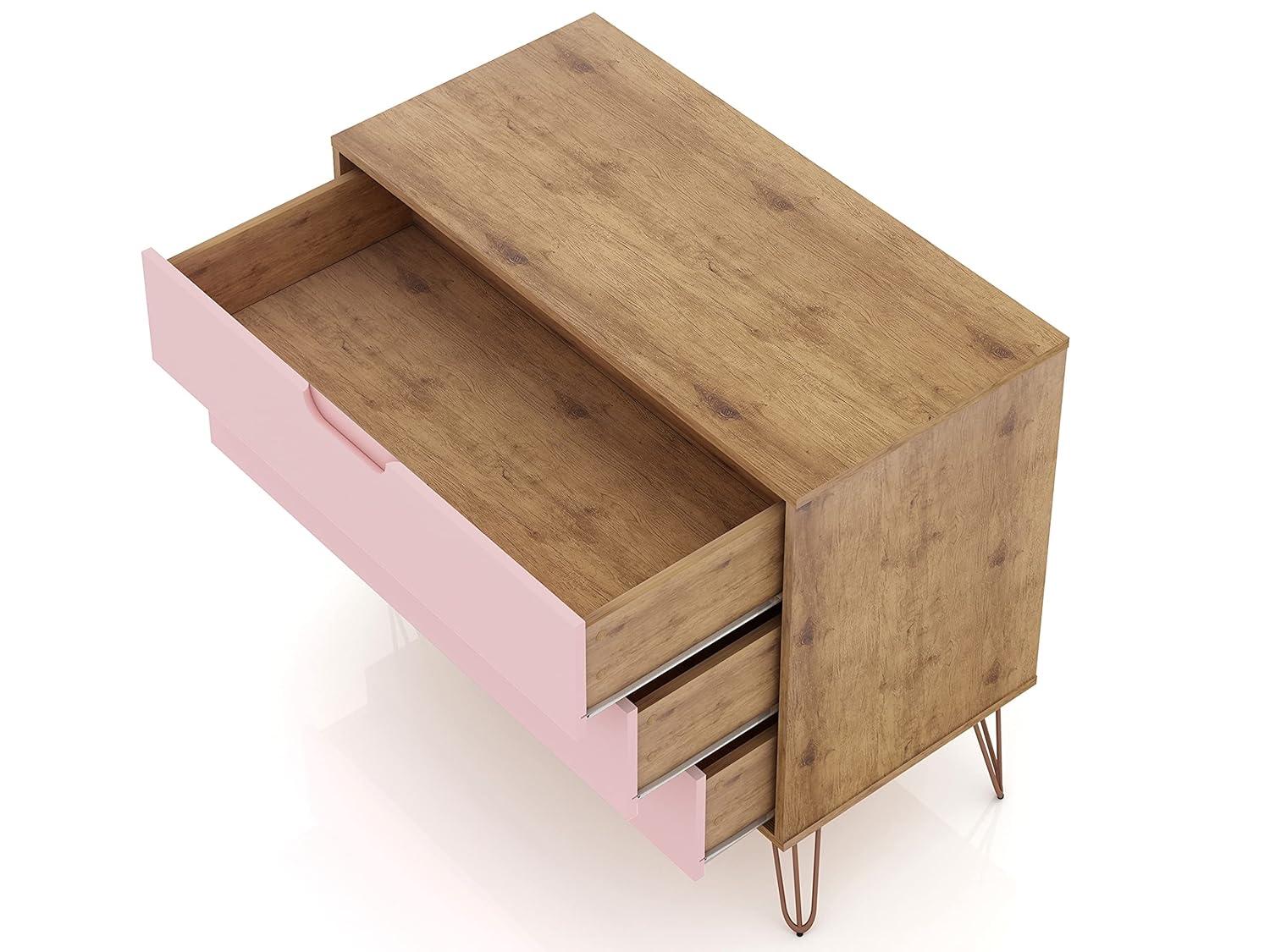 Set of 2 Rockefeller 3 Drawer Dresser Nature/Rose Pink - Manhattan Comfort: MDF Bedroom Storage, Easy-Glide, 6 Drawers