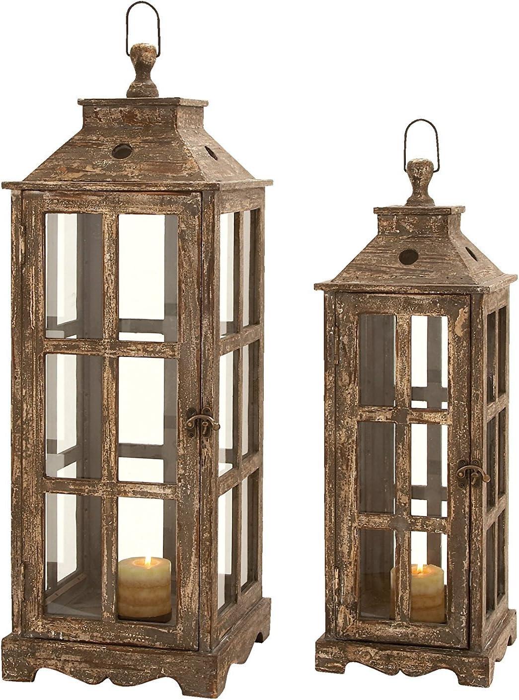 2 Piece Wood Tabletop Candle Lantern Set