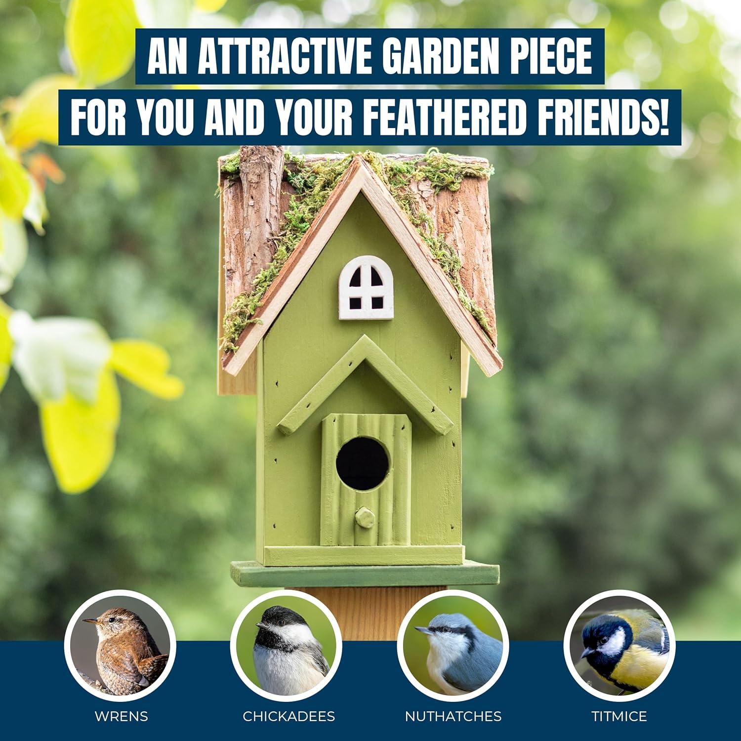 MEKKAPRO Rustic Handcrafted Wooden Birdhouse with Natural Moss Detail - Inviting Garden Sanctuary for Birds