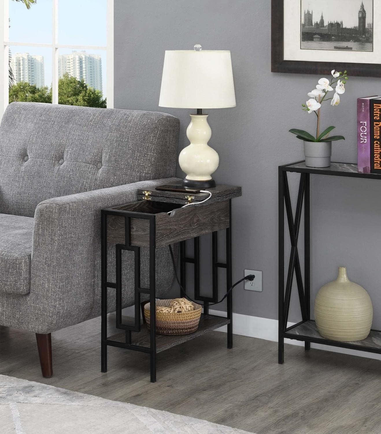 Weathered Gray and Black Wood-Metal End Table with Charging Station