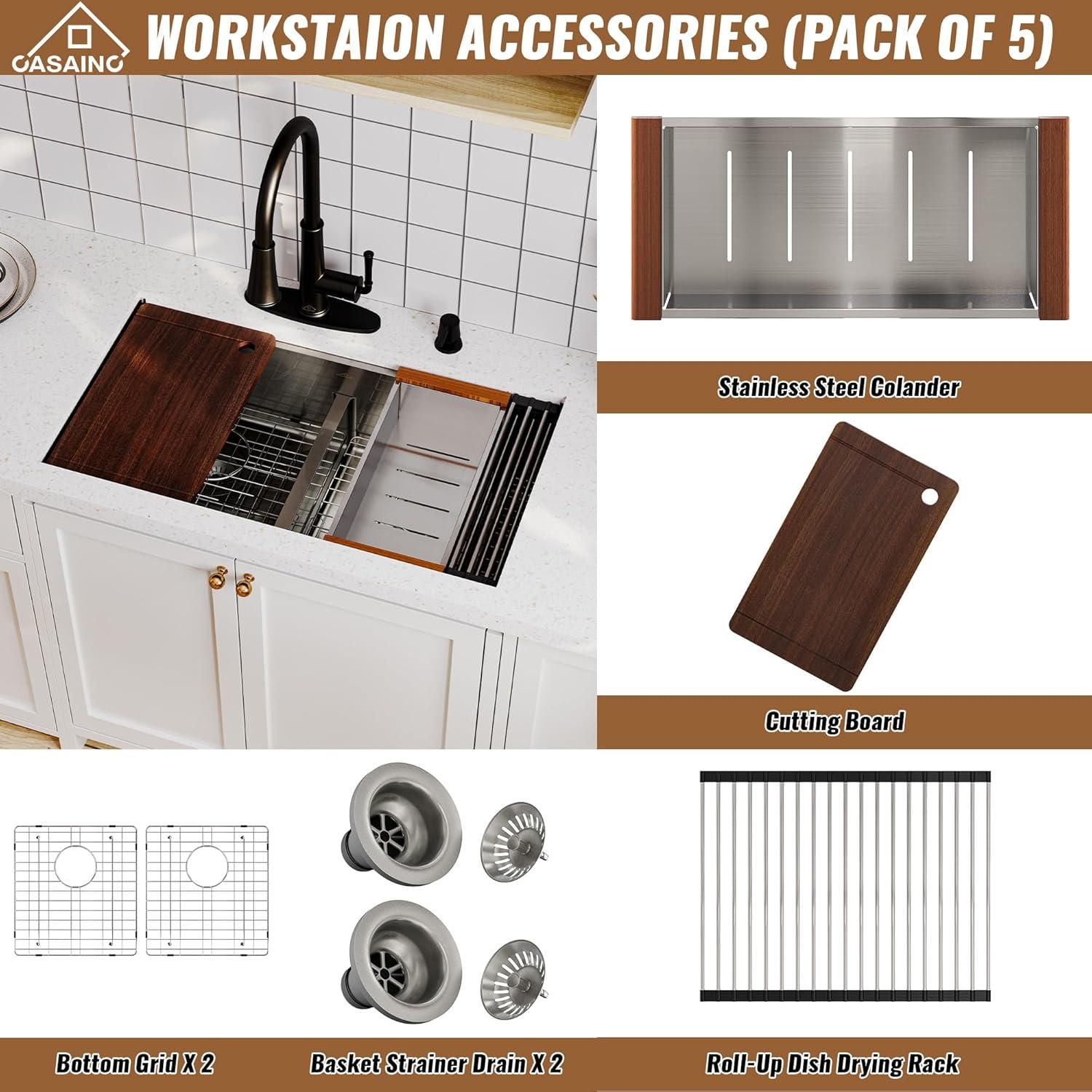 CASAINC Undermount Kitchen Sink Workstation - 33x19x10 Double Bowl Kitchen Sink,16 Gauge Multifunctional Step Kitchen Sinks Set, Nano Material Stainless Steel Sink with Accessories(Pack of 5)