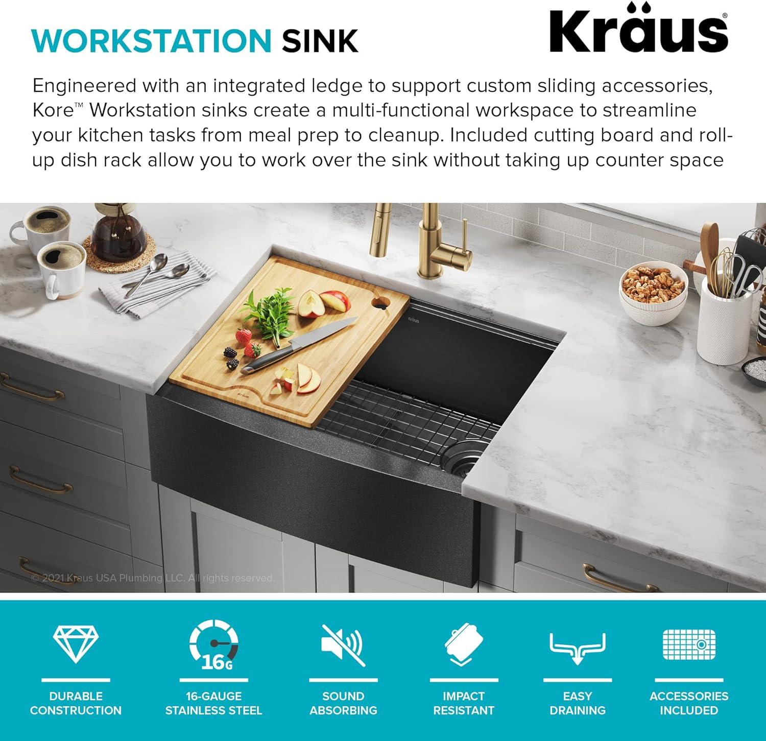 KRAUS Kore™ 27" L Farmhouse Apron Front Workstation 16 Gauge Black Stainless Steel Single Bowl Kitchen Sink