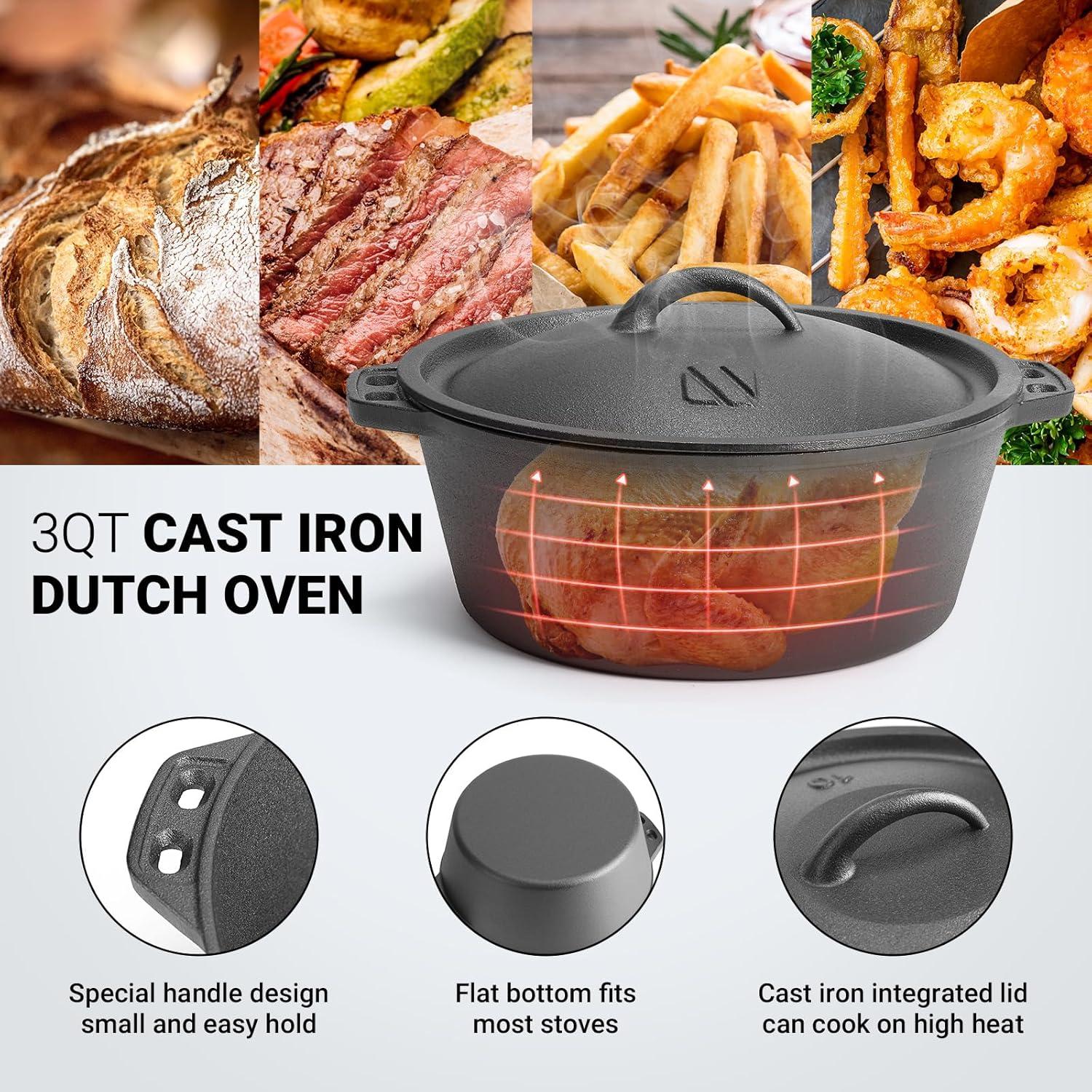 shuoli Pre-Seasoned Cast Iron Dutch Oven Pot With Lid, For Braising, Broiling, Frying, Sourdough Bread Baking, Camping Cookware, BBQ,3 Quart Pan