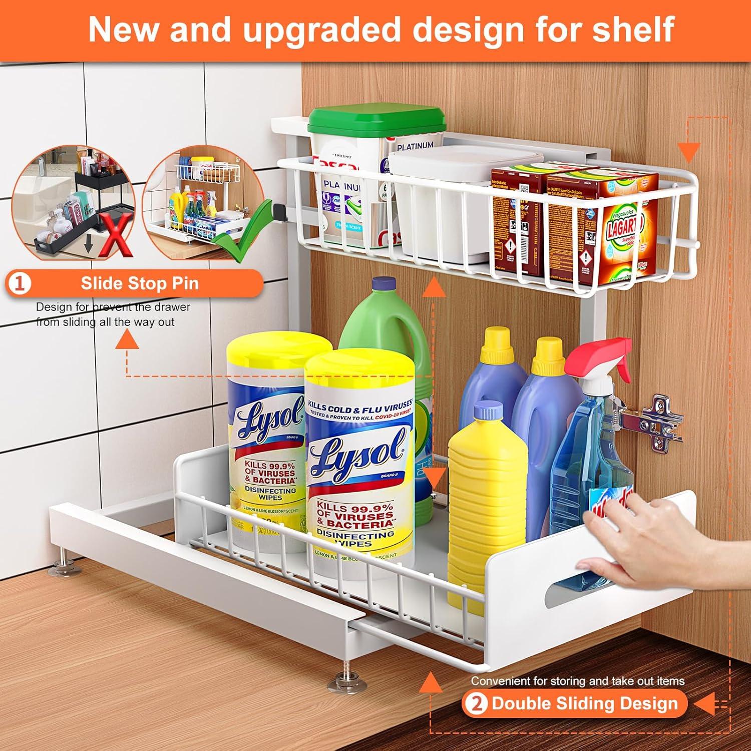 Delamu 2 Pack Under Sink Organizer and Storage, 2 Tier Pull Out Cabinet Organizer, Slide Out Under Sink Storage Shelf for Kitchen Bathroom, White