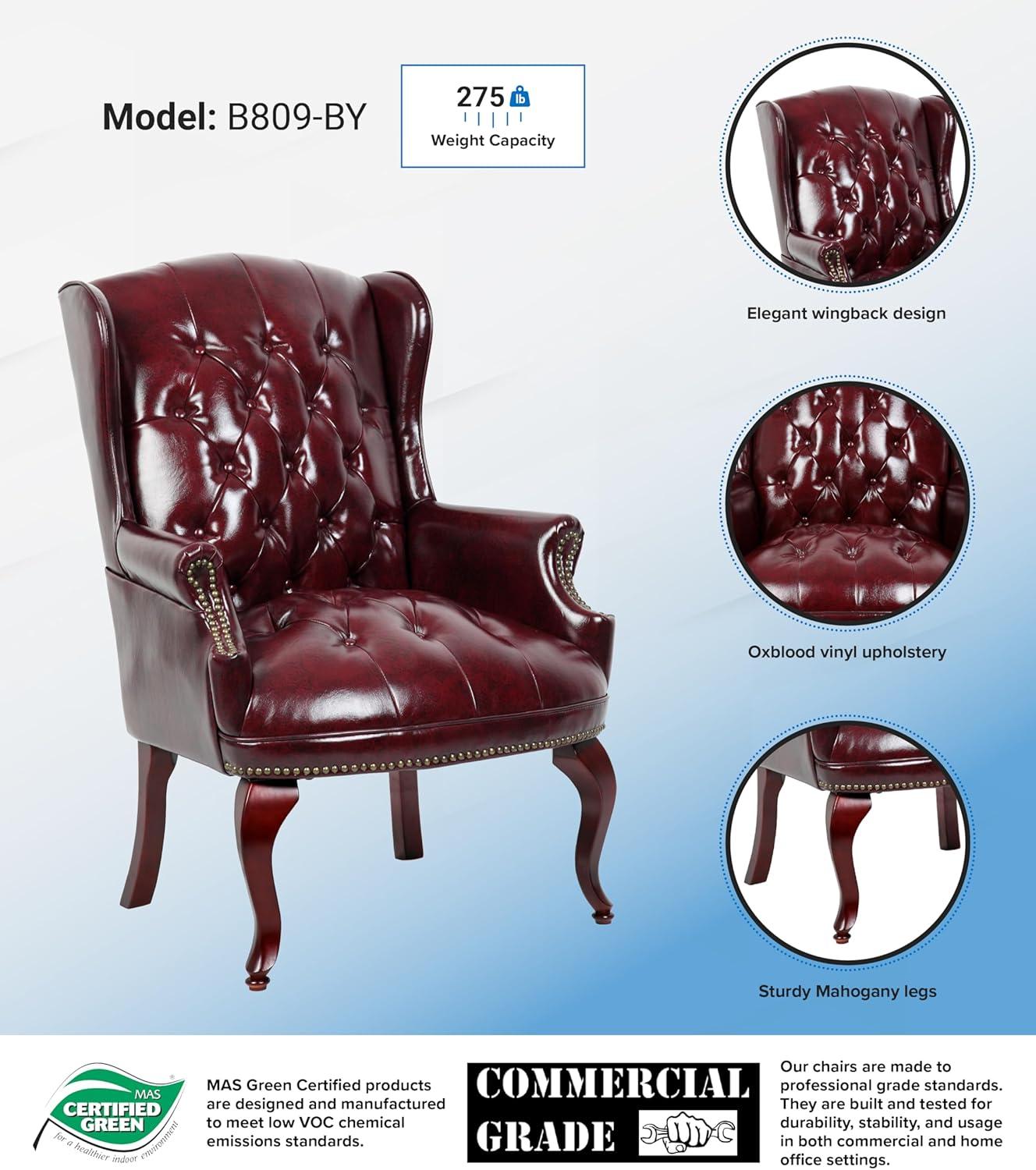 Boss B809-BY Wingback Traditional Guest Chair, 29" x 32" x 41.5",  Vinyl - Burgundy