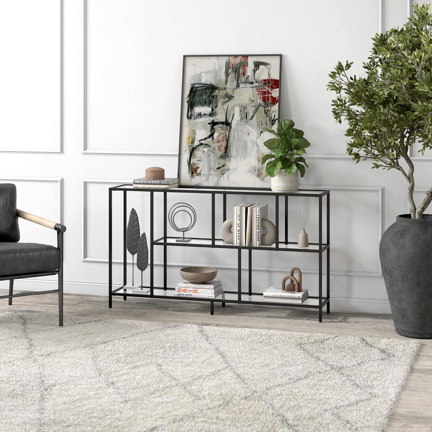 Evelyn&Zoe Winthrop 52" Wide Rectangular Console Table with Glass Shelves, Blackened Bronze