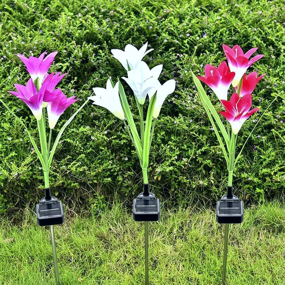 ANGMLN 4 Pack Solar Flowers Lights,16 Bigger Head Solar Lily Flowers, 7 Color Changing Pathway Lamps for Garden Patio Yard Party Wedding Holiday Outdoor Garden Stake Decoration(Purple2&White1&Pink1)