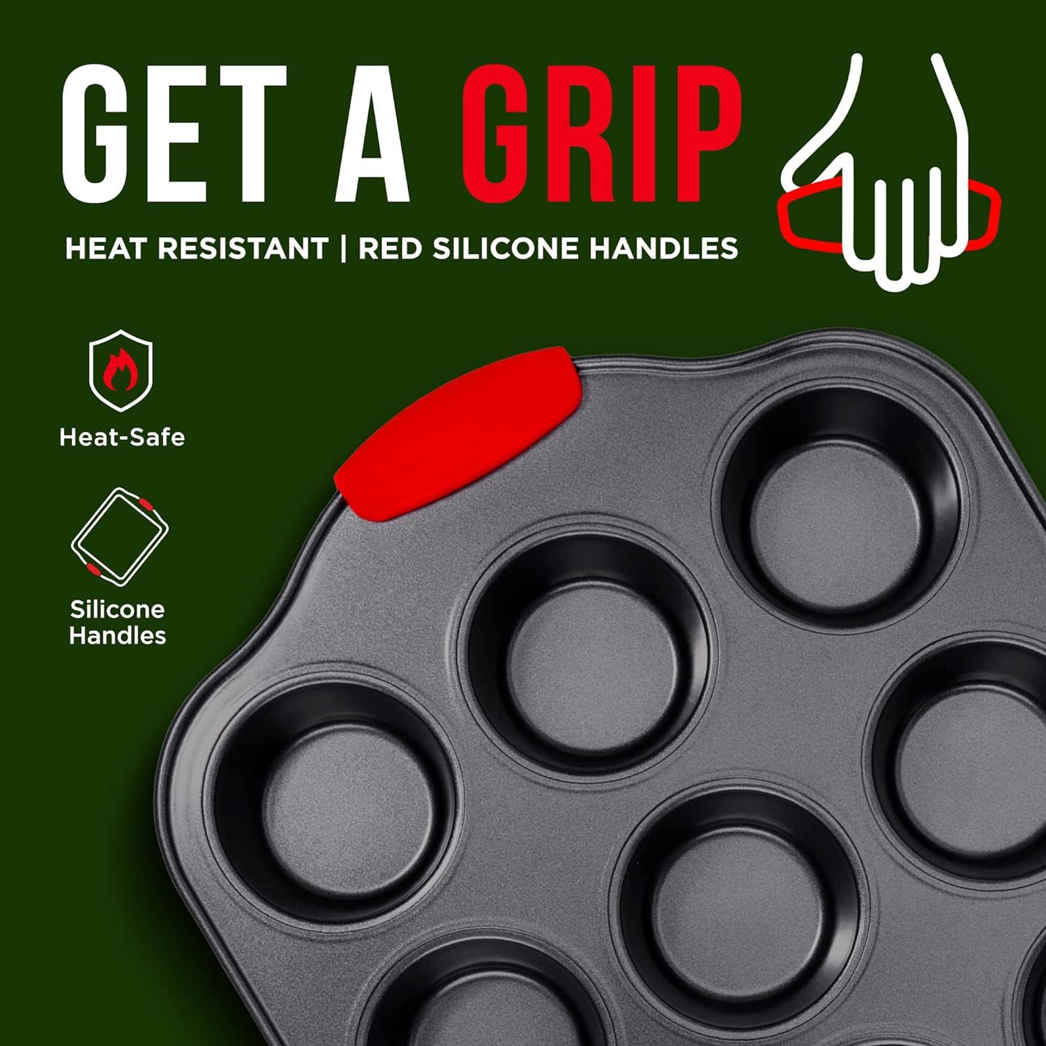 10-Piece Non-Stick Carbon Steel Bakeware Set with Red Silicone Handles