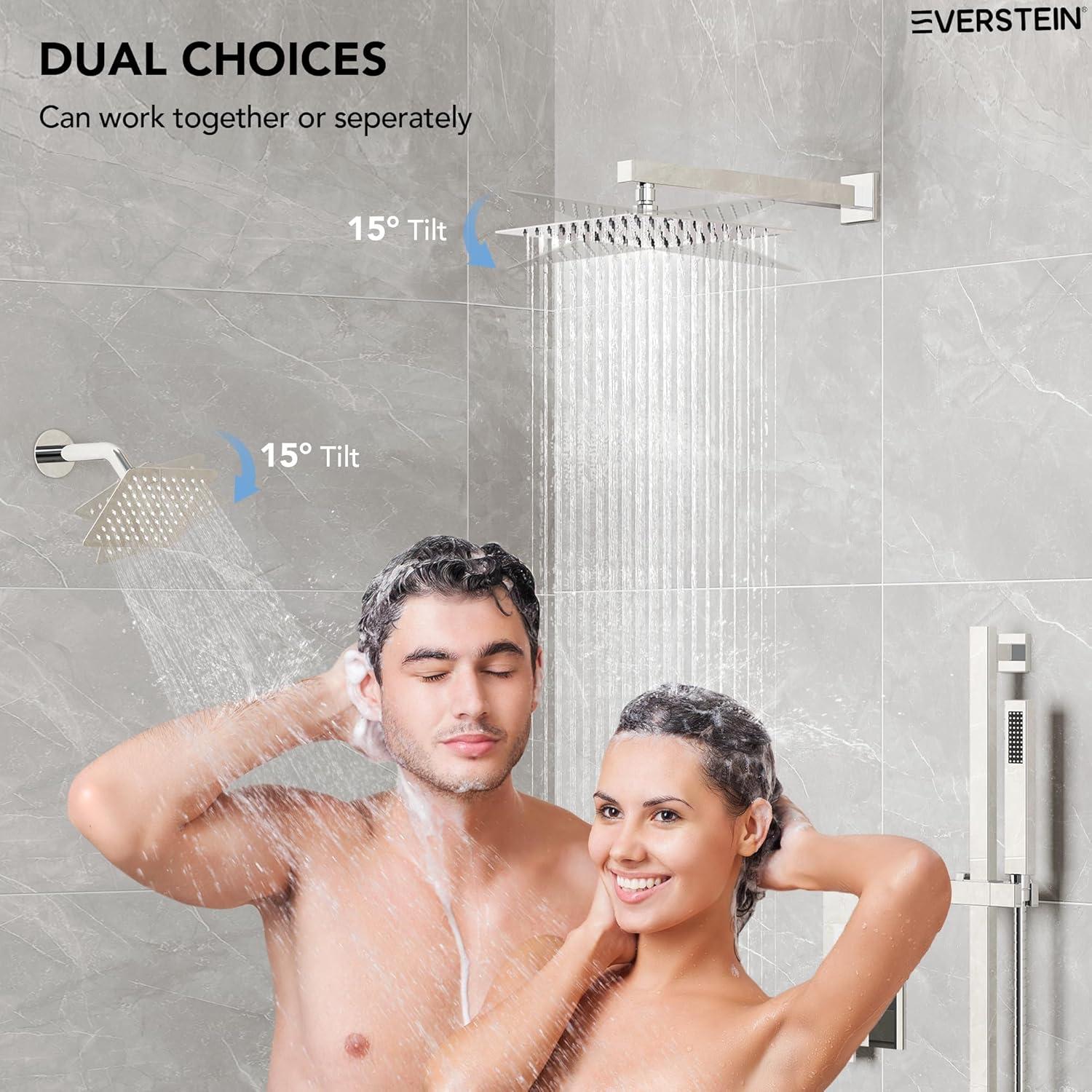 EVERSTEIN DualJetSpa 10-Inch High-Pressure Rainfall Shower Faucet with Handheld Spray, Wall Mount Dual Showerheads System with Slide Bar and Rough-in Valve SFS-1059-CH10