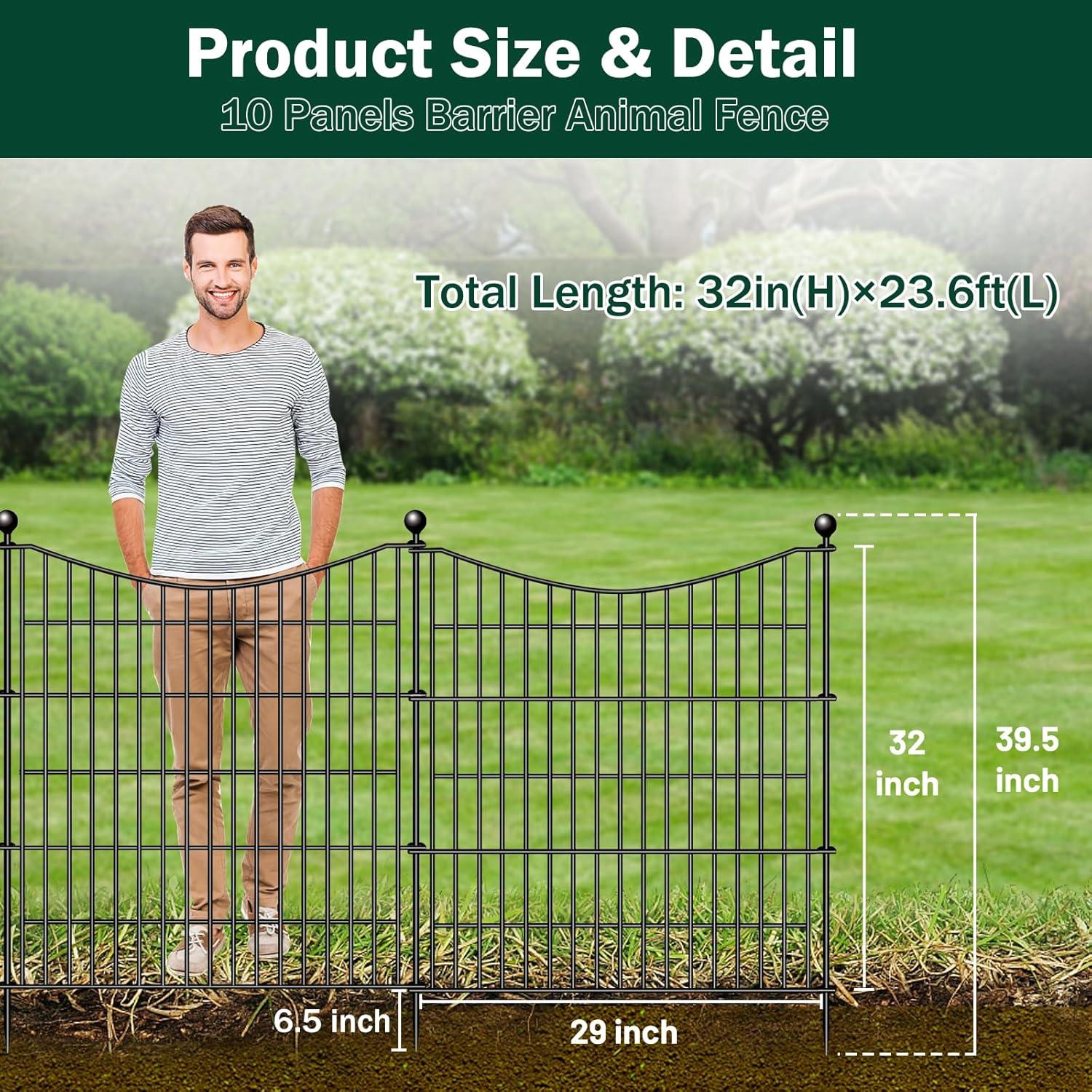 32 in. Black Metal Garden Border Fence with Spear-Top Design