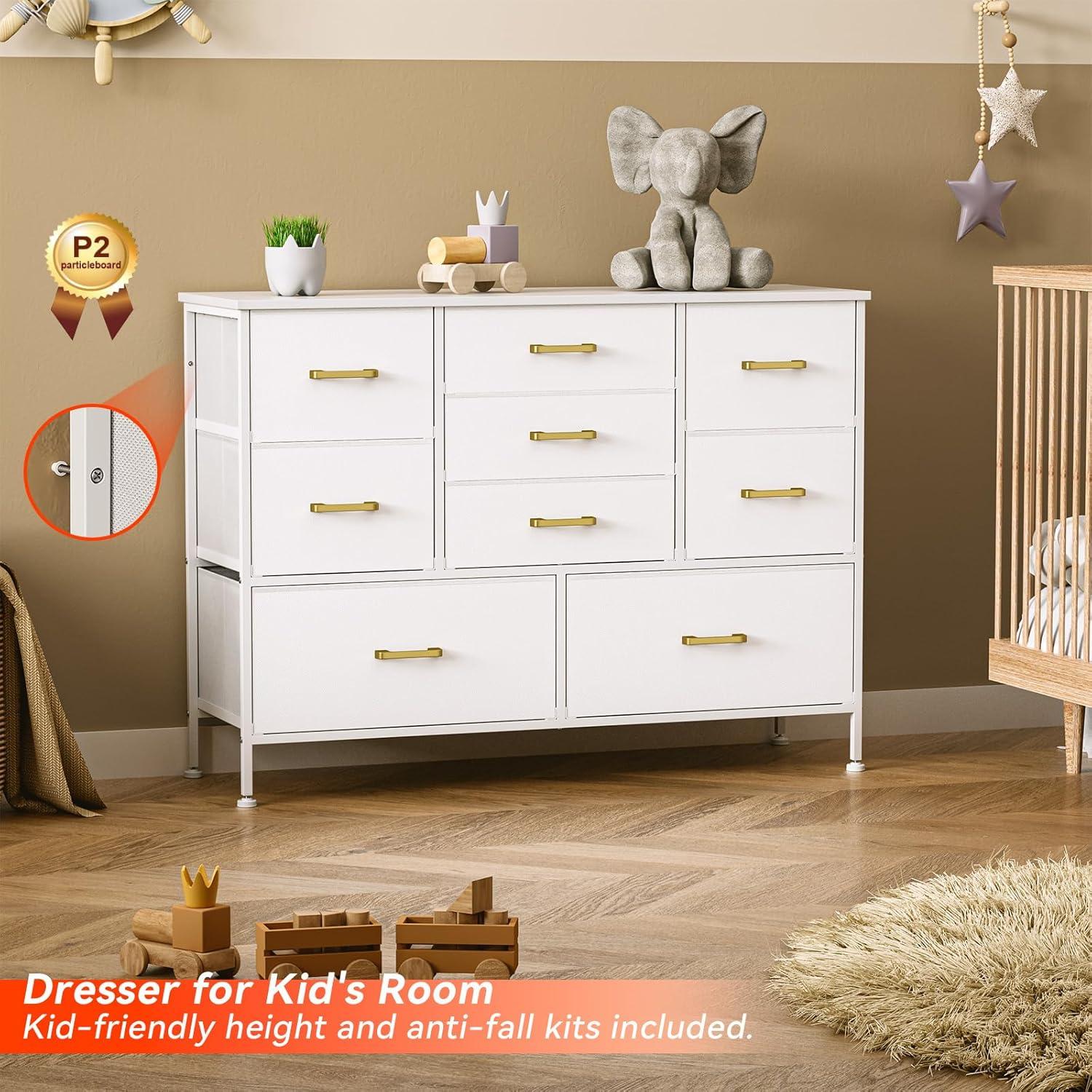 White Fabric Chest of Drawers with Leather Finish, Wide Dresser for Bedroom & Living Room TV Stand, Entertainment Center, Featuring 9 Drawers for 50” TV