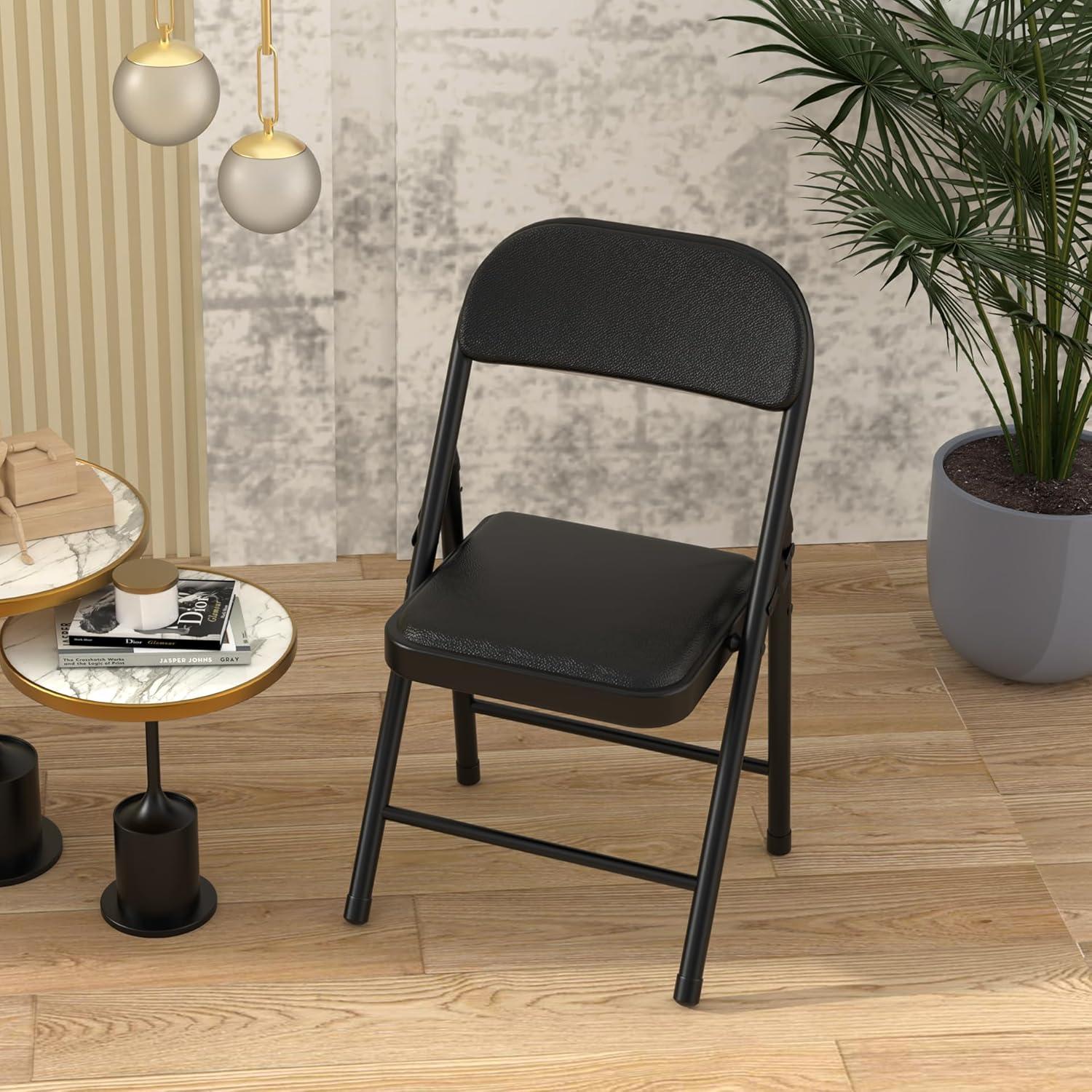 Black Metal Folding Dining Chairs with Cushions, Set of 2