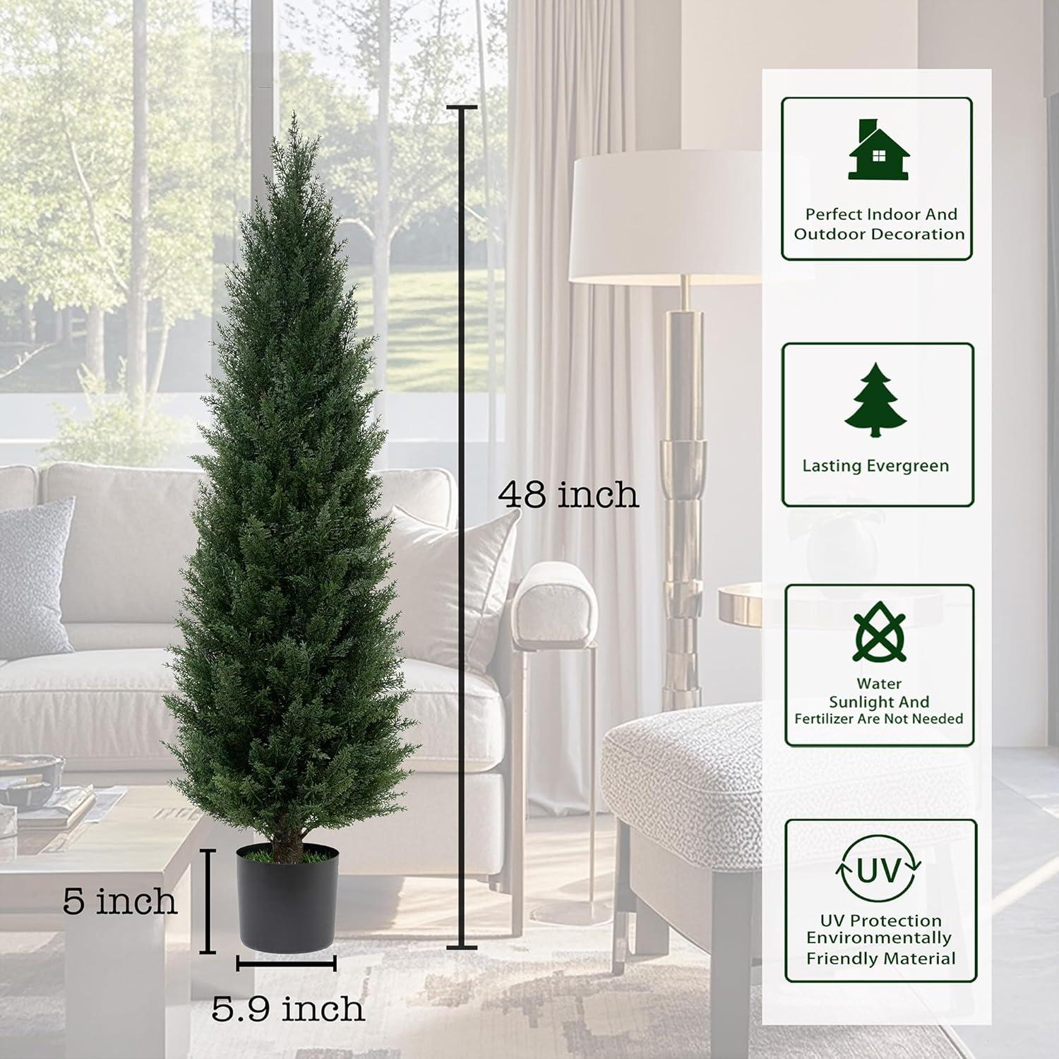 Two 4FT Artificial Cedar Trees Artificial Topiary UV Resistant Potted Plant Artificial Outdoor Tree Artificial Plants for Indoor Outdoor Garden